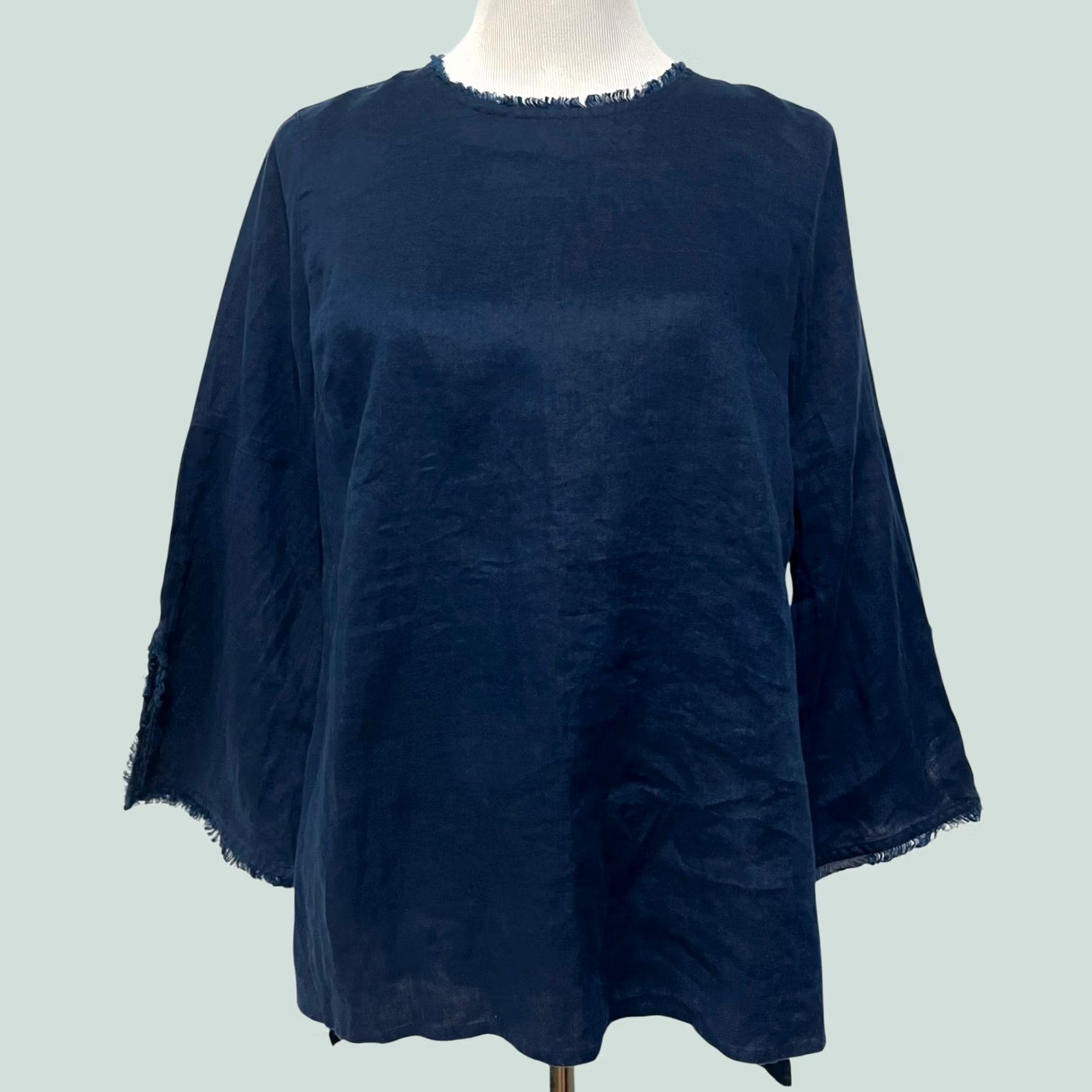 J. Jill VINTAGE J. Jill Love Linen Tunic Top Frayed Edge Navy Blue Coastal Nautical Sz Petite S Blouse 3/4 Sleeve Womens Size S / US 4 / IT 40 - 1 Thumbnail