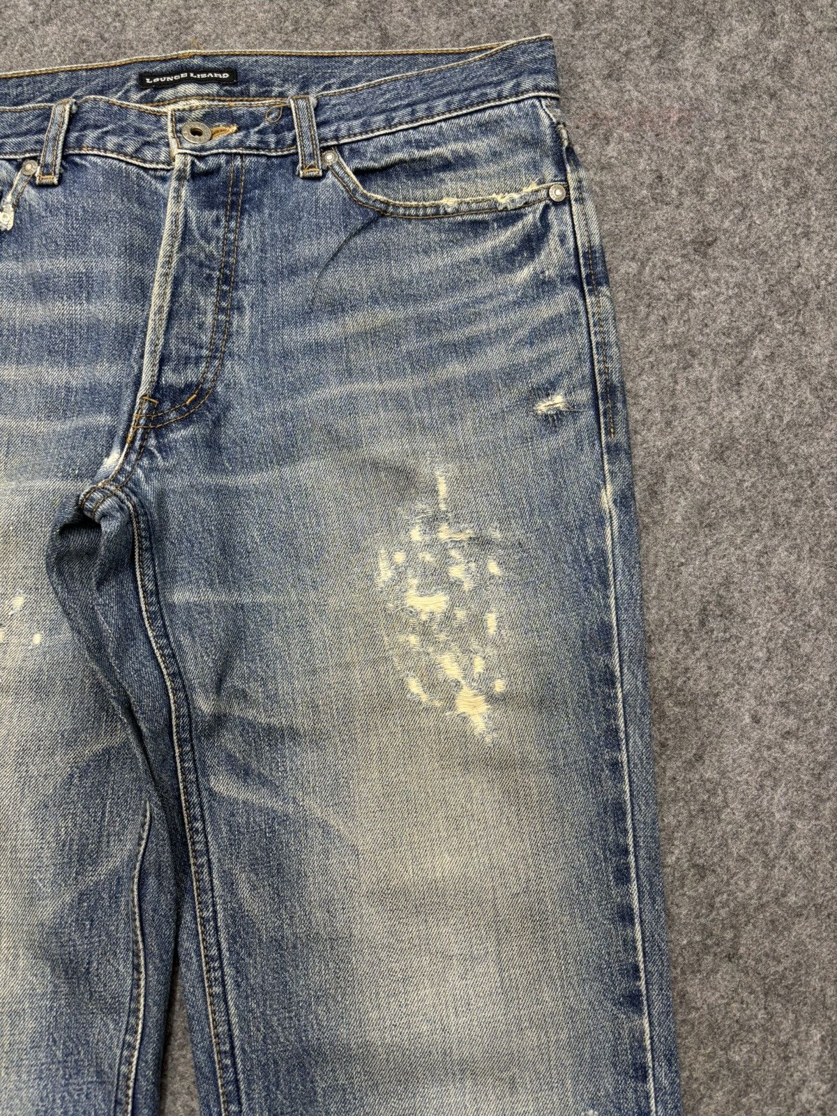 Japanese Brand 💥Vintage LOUNGE LIZARD Japan Crash Distressed Denim F679 Size US 33 - 3 Thumbnail