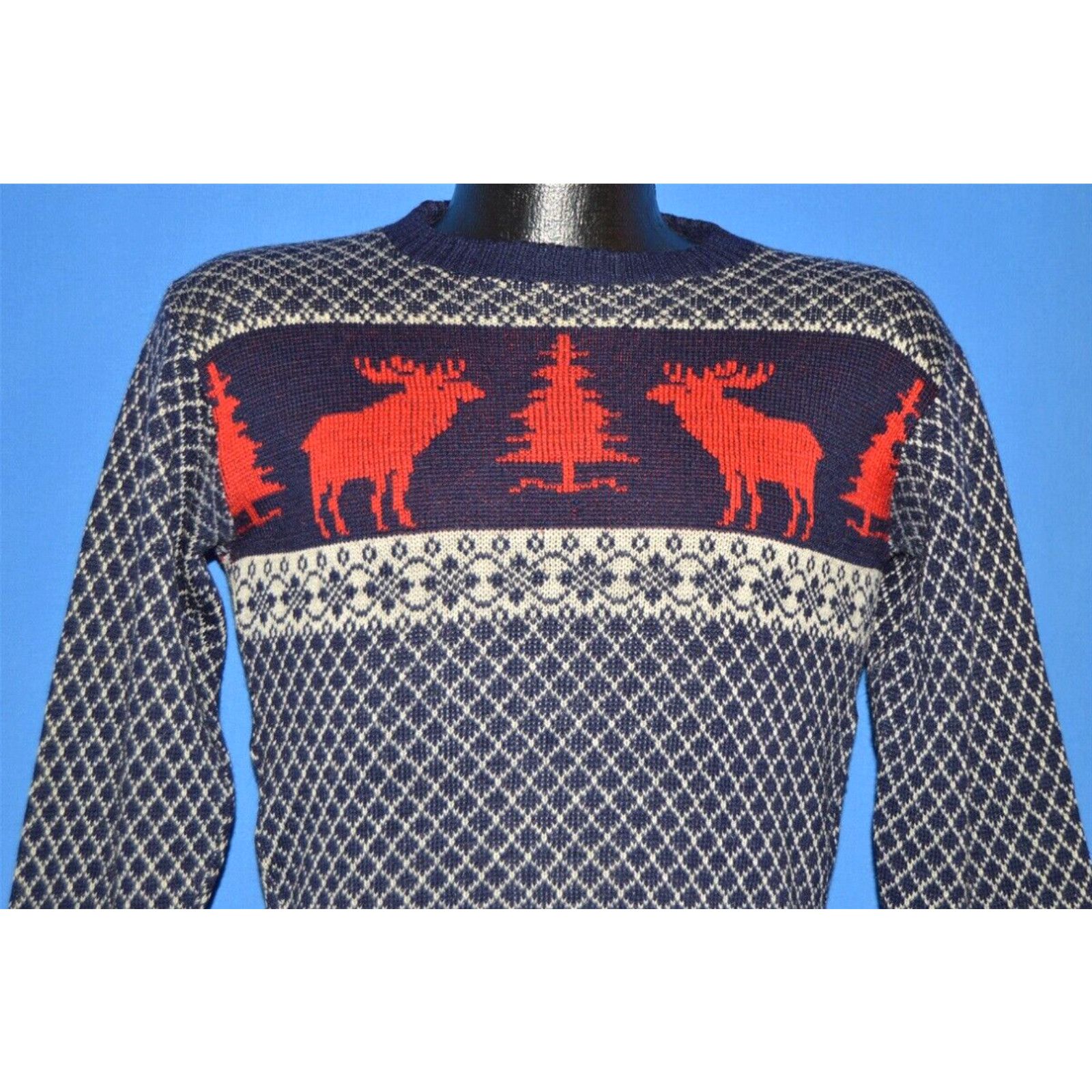 image of Vintage 50S Walsted Snowflake Ski Moose Tree Wool Winter Sweater Small S in White, Men's