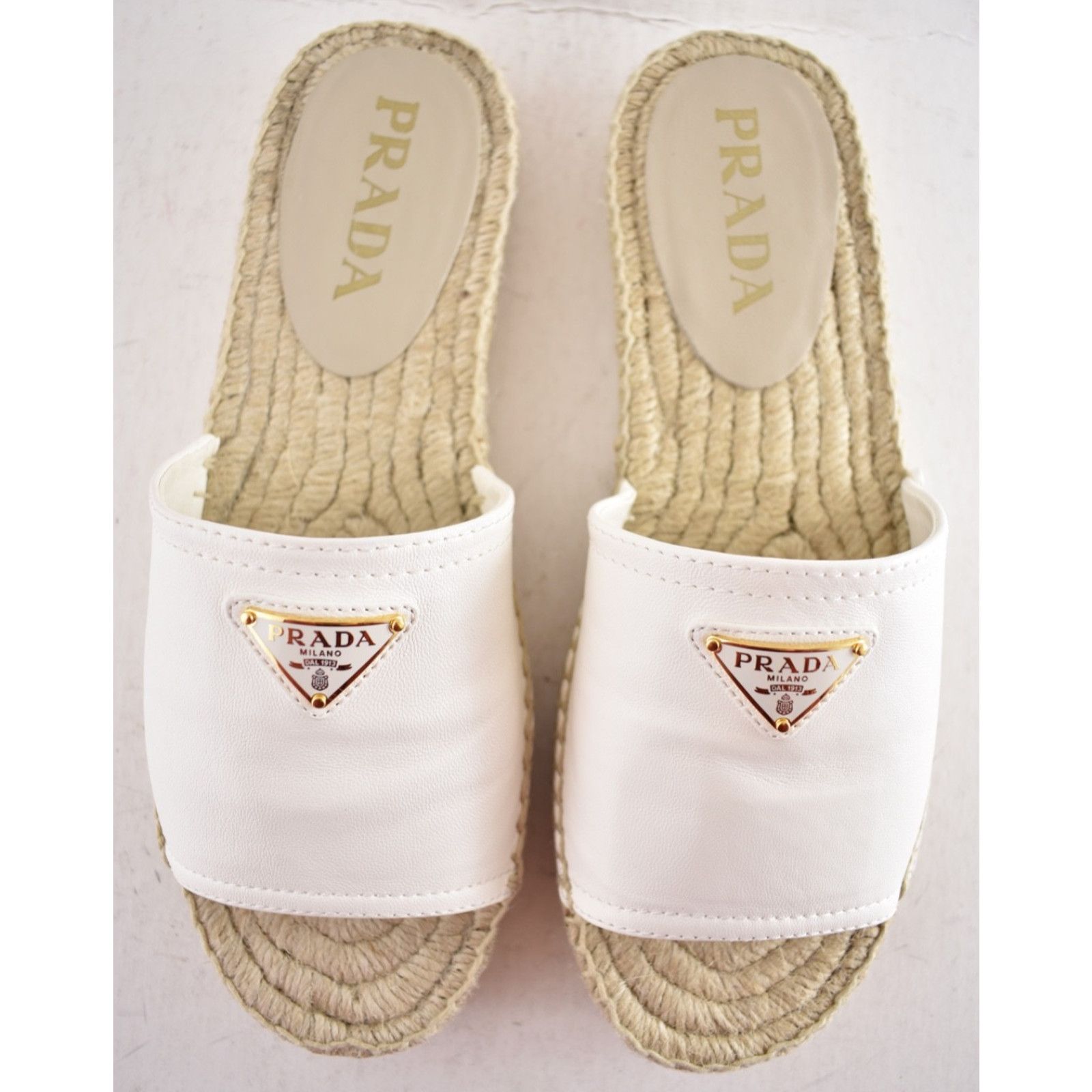 Prada Prada Gold Triangle Logo Avorio White Leather Espadrille 37 Size US 7 / IT 37 - 11 Thumbnail