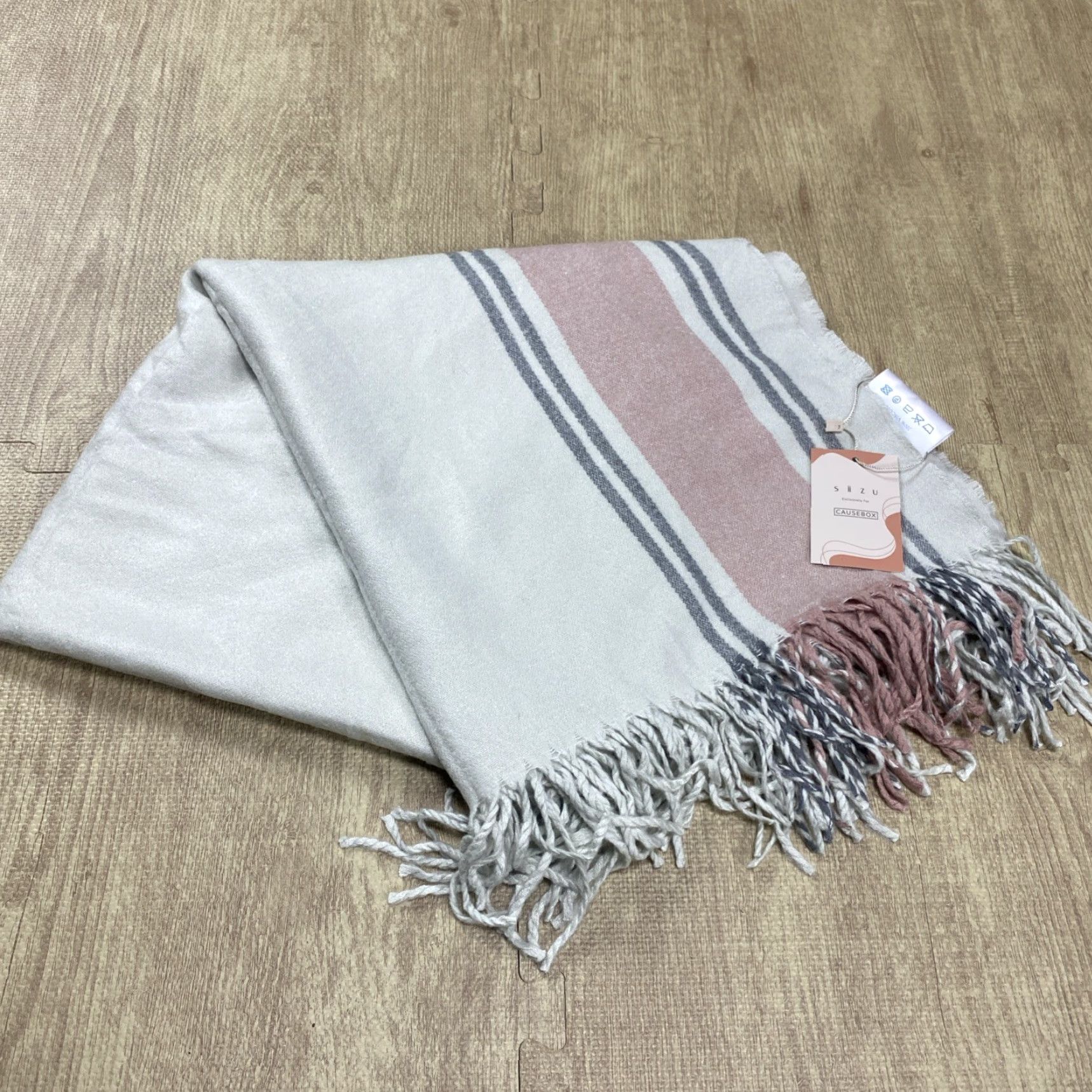 Anthropologie NWT Anthropologie Shawl/Wrap Scarf - Bohemian Stripe Knit 59x54 Fringe Light Grey Pink Cream Viscose Women Size ONE SIZE - 2 Thumbnail