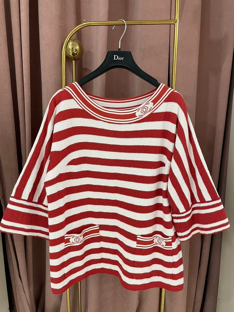 Chanel Chanel Red striped knitted short sleeves Size M / US 6-8 / IT 42-44 - 1 Thumbnail