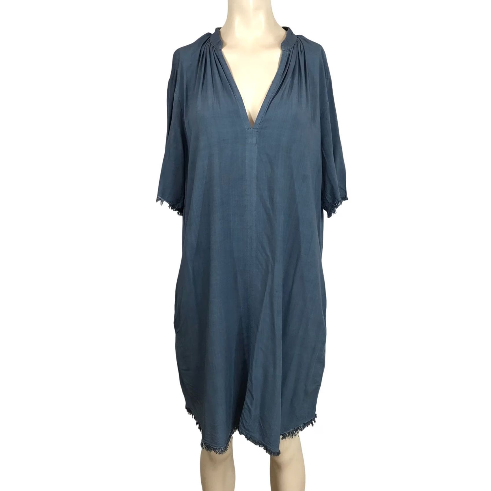 Vintage The Odells Blue V-Neck Tunic Dress Kaftan Shirt Dress L Womens Boho Fringe Pockets Asymmetric Rayon Spring Summer Casual Size L / US 10 / IT 46 - 2 Thumbnail