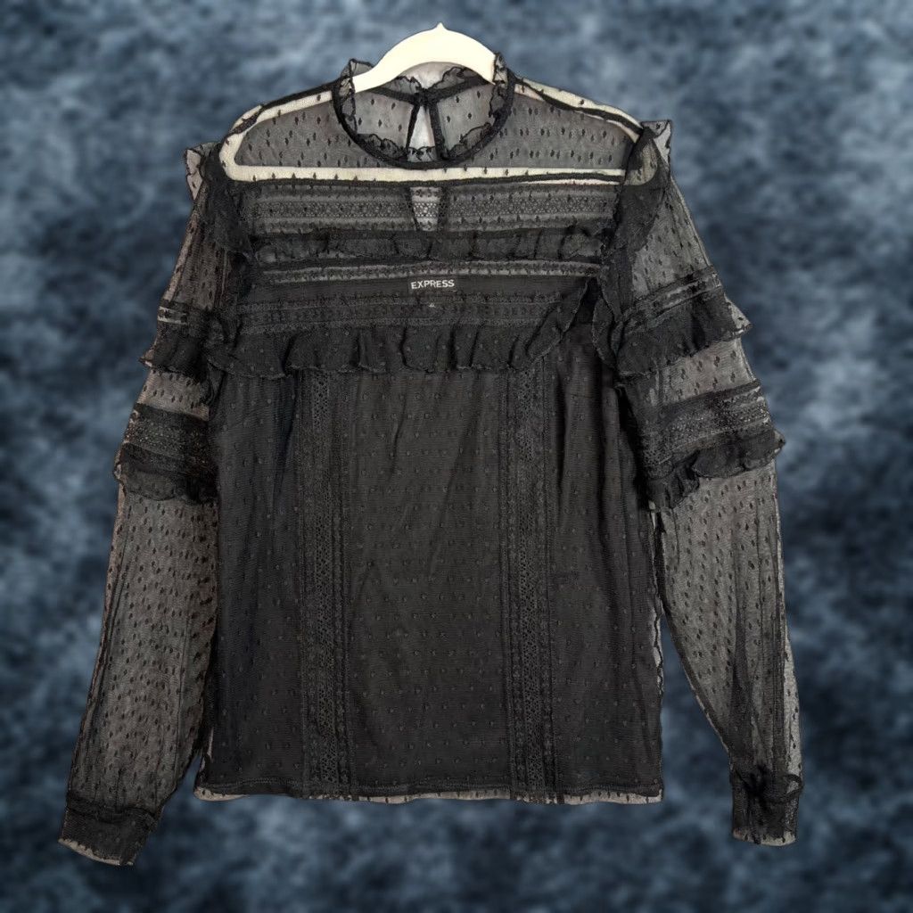 Express Express Womens Blouse XS Sheer Black Ruffle Long Sleeve Pullover Shirt, Mimic Classic, Casual, Nylon/Polyester, Express Size XS / US 0-2 / IT 36-38 - 1 Thumbnail