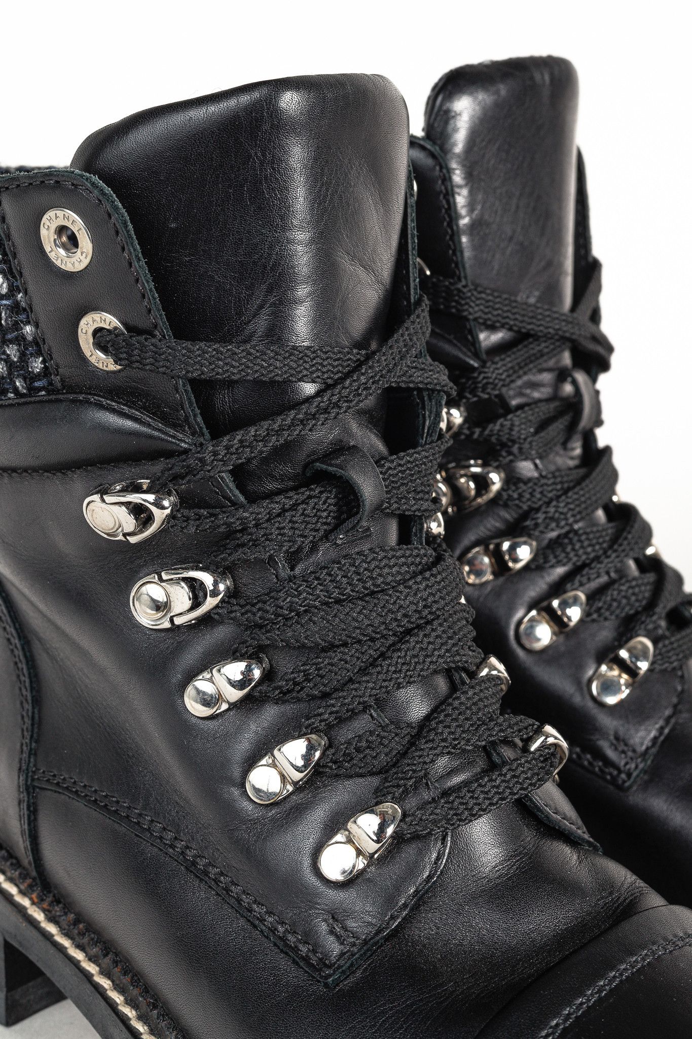 Chanel Chanel 15A Black Leather Tweed-Trim Lace-Up Short Boots Size US 6 / IT 36 - 7 Thumbnail
