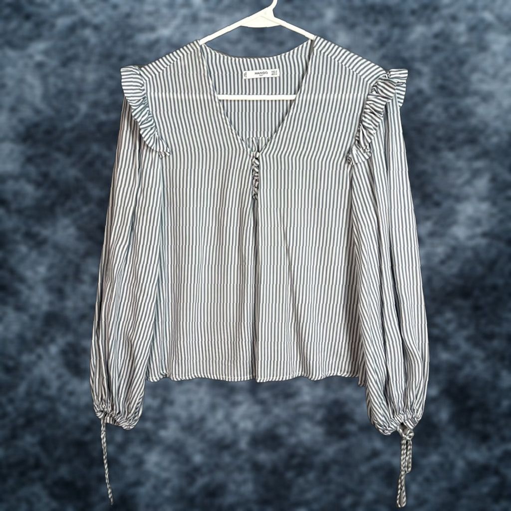 Mango Mango Blue & White Stripe Long Sleeve Blouse Medium Ruffle Details & Tie Cuff Size M / US 6-8 / IT 42-44 - 1 Thumbnail
