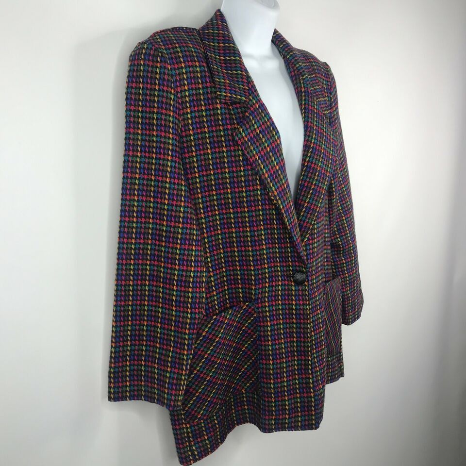 Vintage 80s Blair Rainbow Houndstooth Check Wool Blend Blazer Size XL / US 12-14 / IT 48-50 - 3 Thumbnail