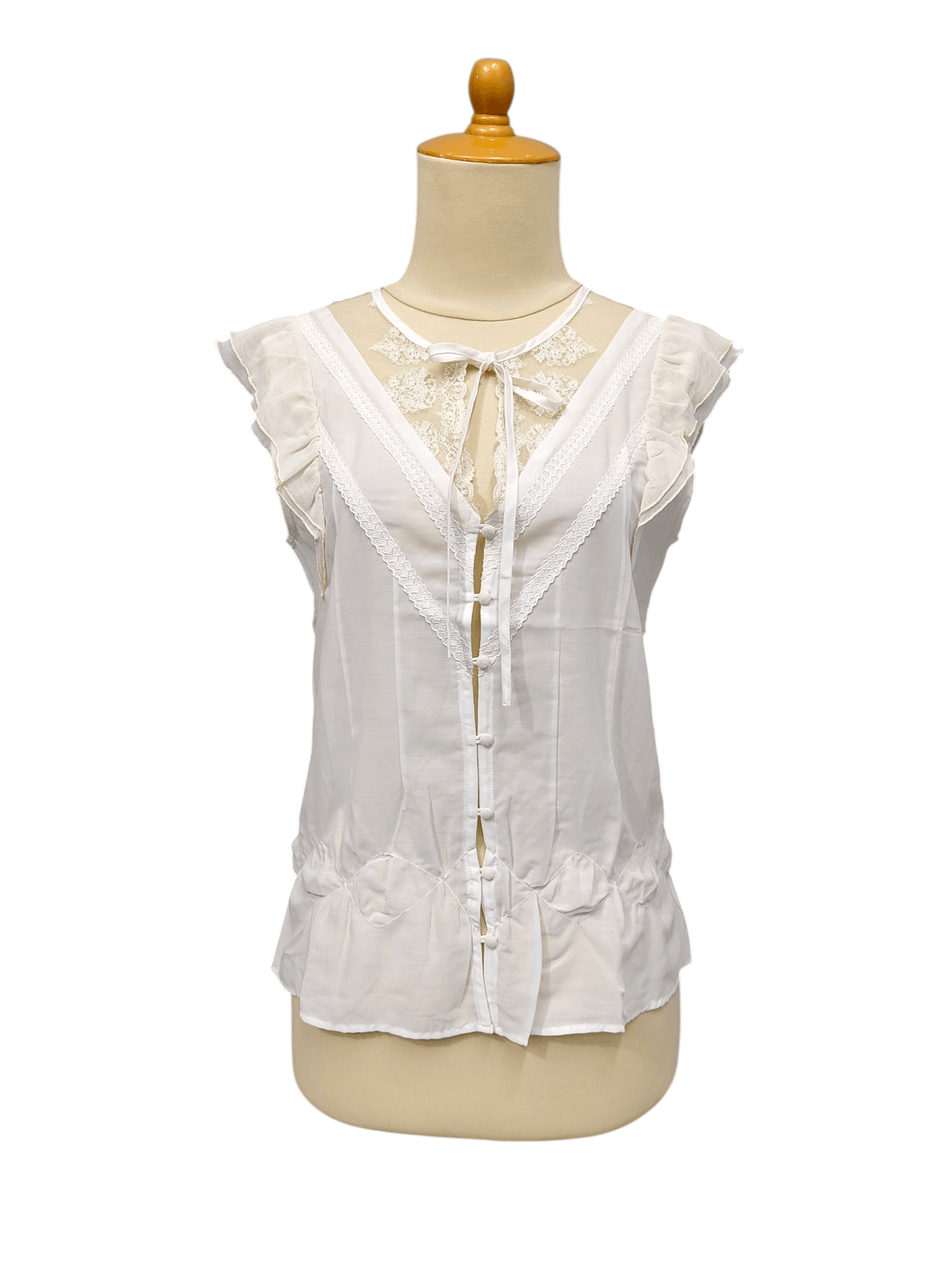 SHIPS 2000s Ships🇯🇵 Lace Panel Pintuck Ribbon Tie Neck Peplum Size M / US 6-8 / IT 42-44 - 1 Thumbnail