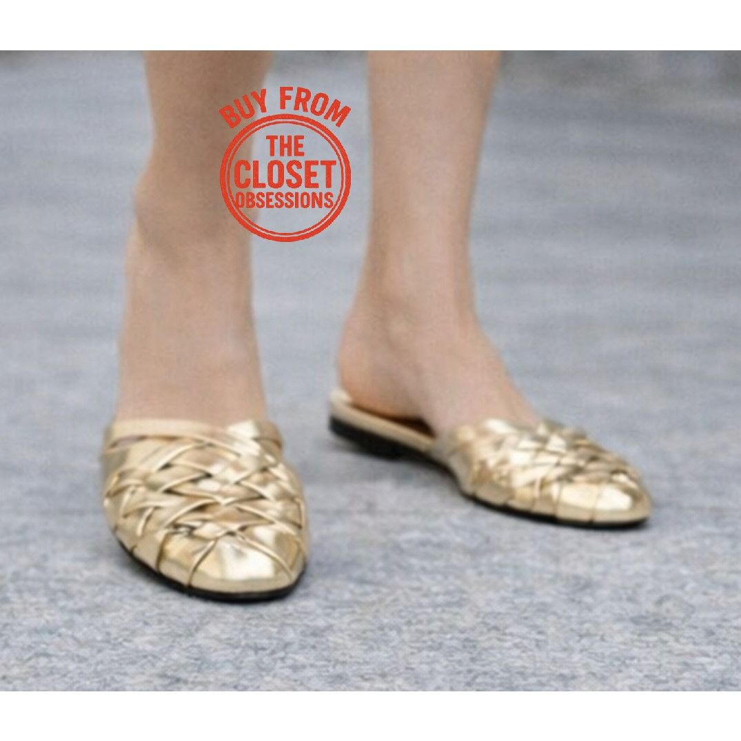 Zara ZARA Gold Woven Metallic Flat Mules NWT Size US 7.5 / IT 37.5 - 6 Thumbnail