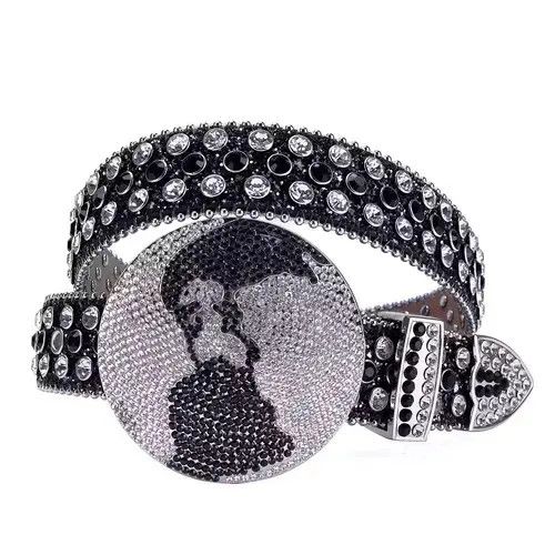 Japanese Brand × Vintage y2k black white studded rhinestone leather belt Size 34 - 4 Thumbnail