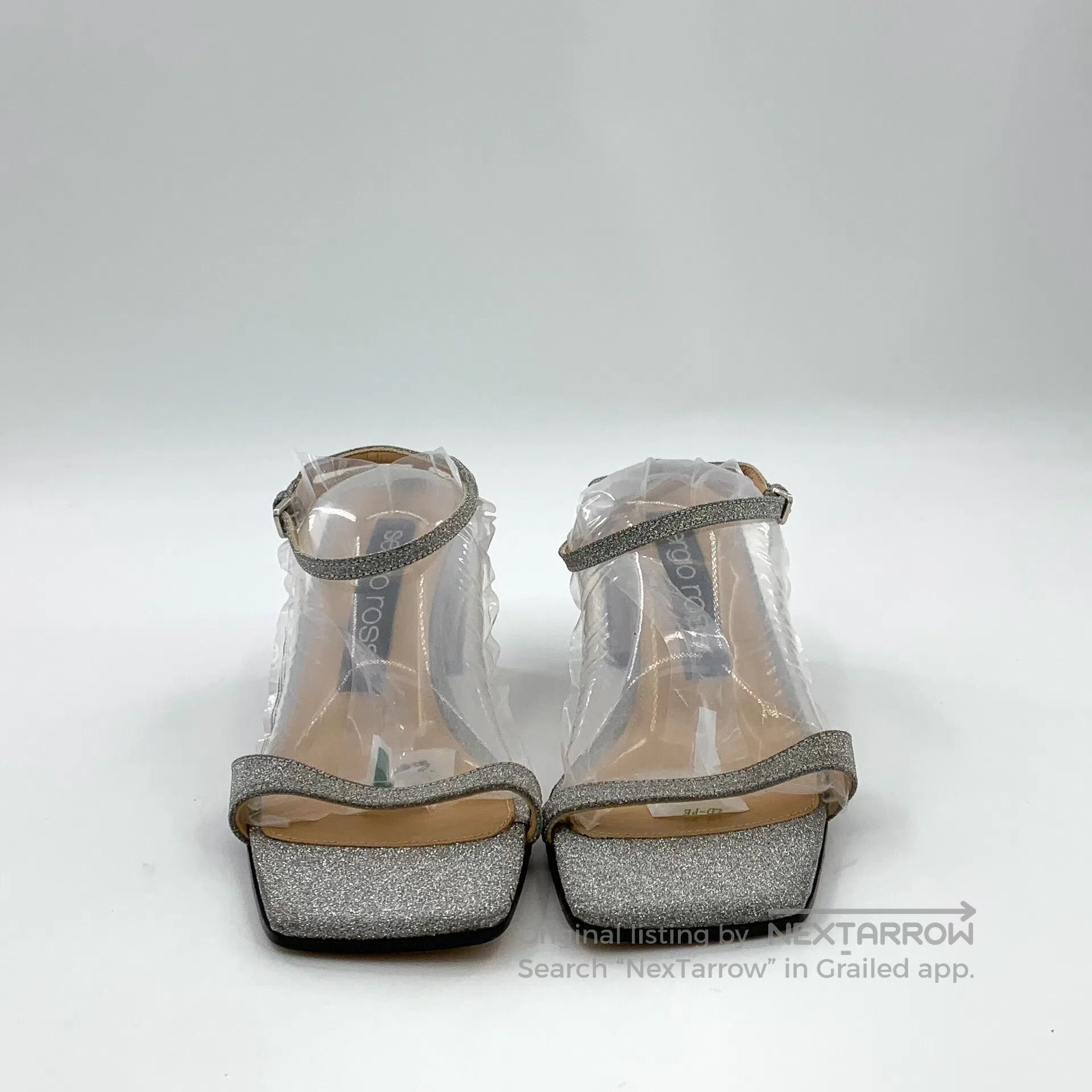 Sergio Rossi Sergio Rossi Silver Square Toe Glitter One-Strap Block Hee Size US 7 / IT 37 - 3 Thumbnail