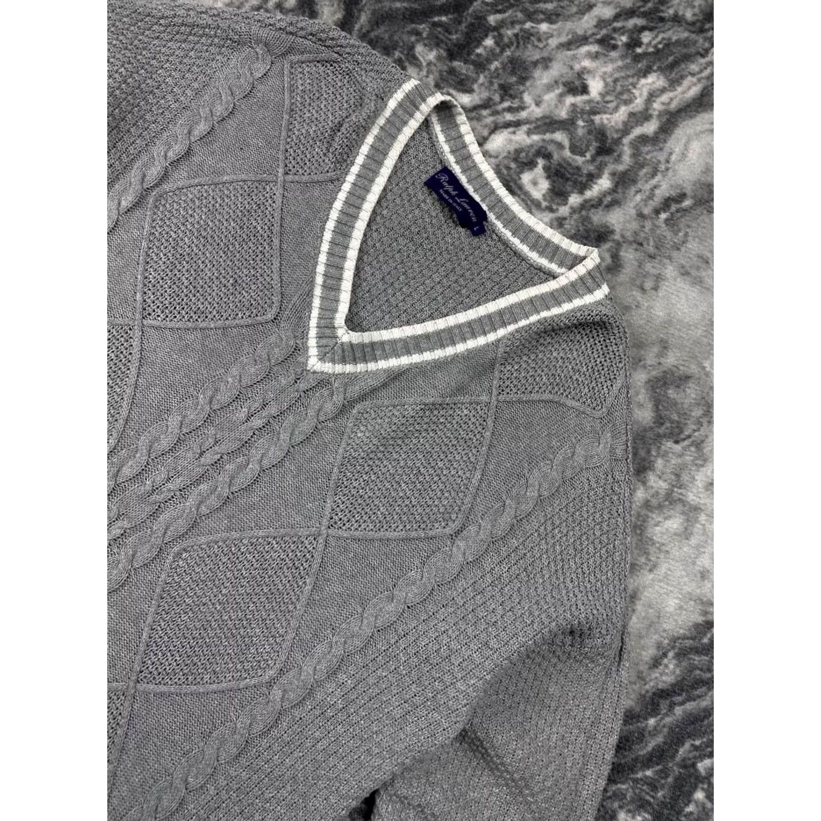 Ralph Lauren Purple Label Ralph Lauren Purple Label Men Sweater L Gray V Neck Cable Knit Silk Pullover Casual Size US L / EU 52-54 / 3 - 3 Thumbnail