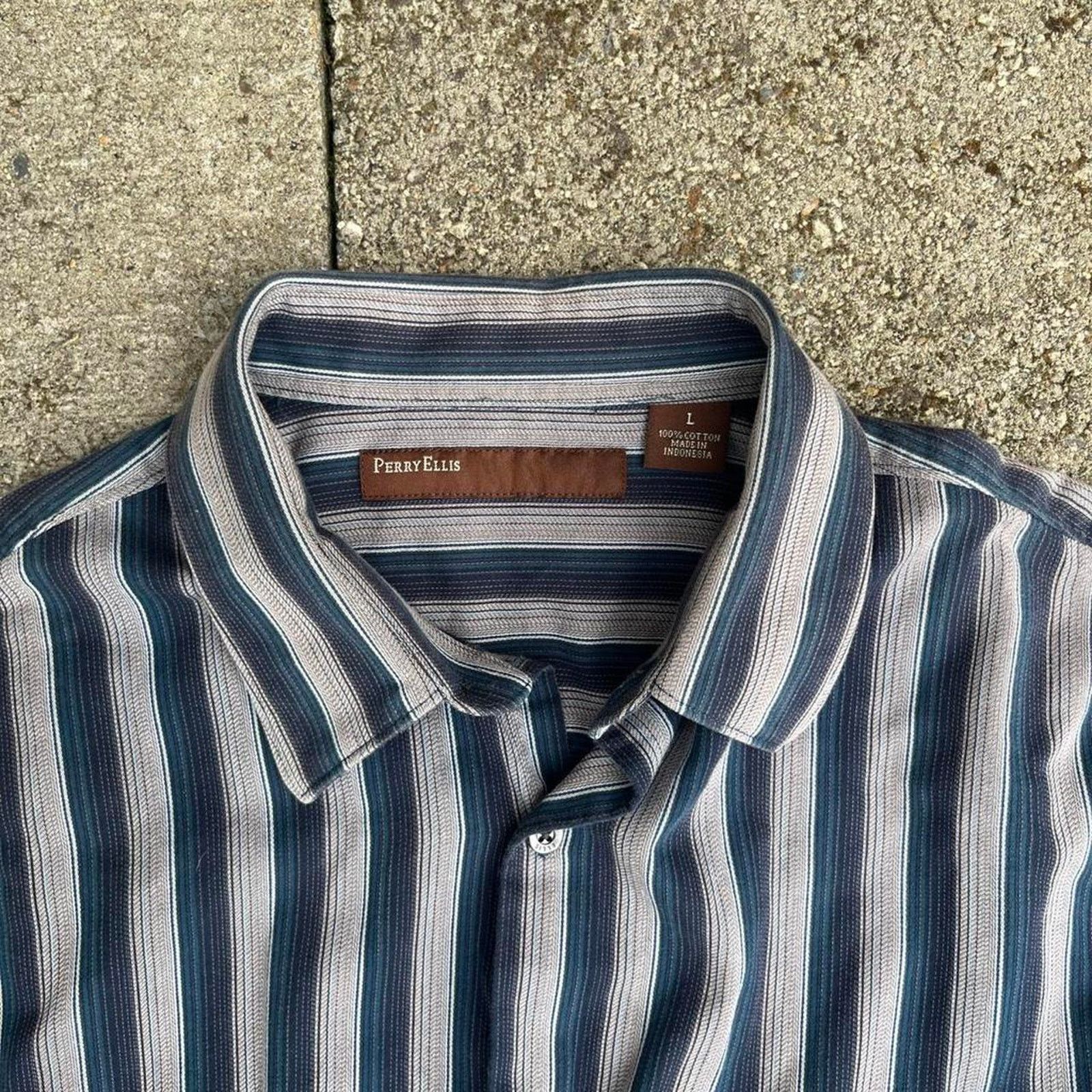 Perry Ellis Striped Perry Ellis Button-Up Long Sleeve Classic Fall Shirt Size US L / EU 52-54 / 3 - 2 Thumbnail