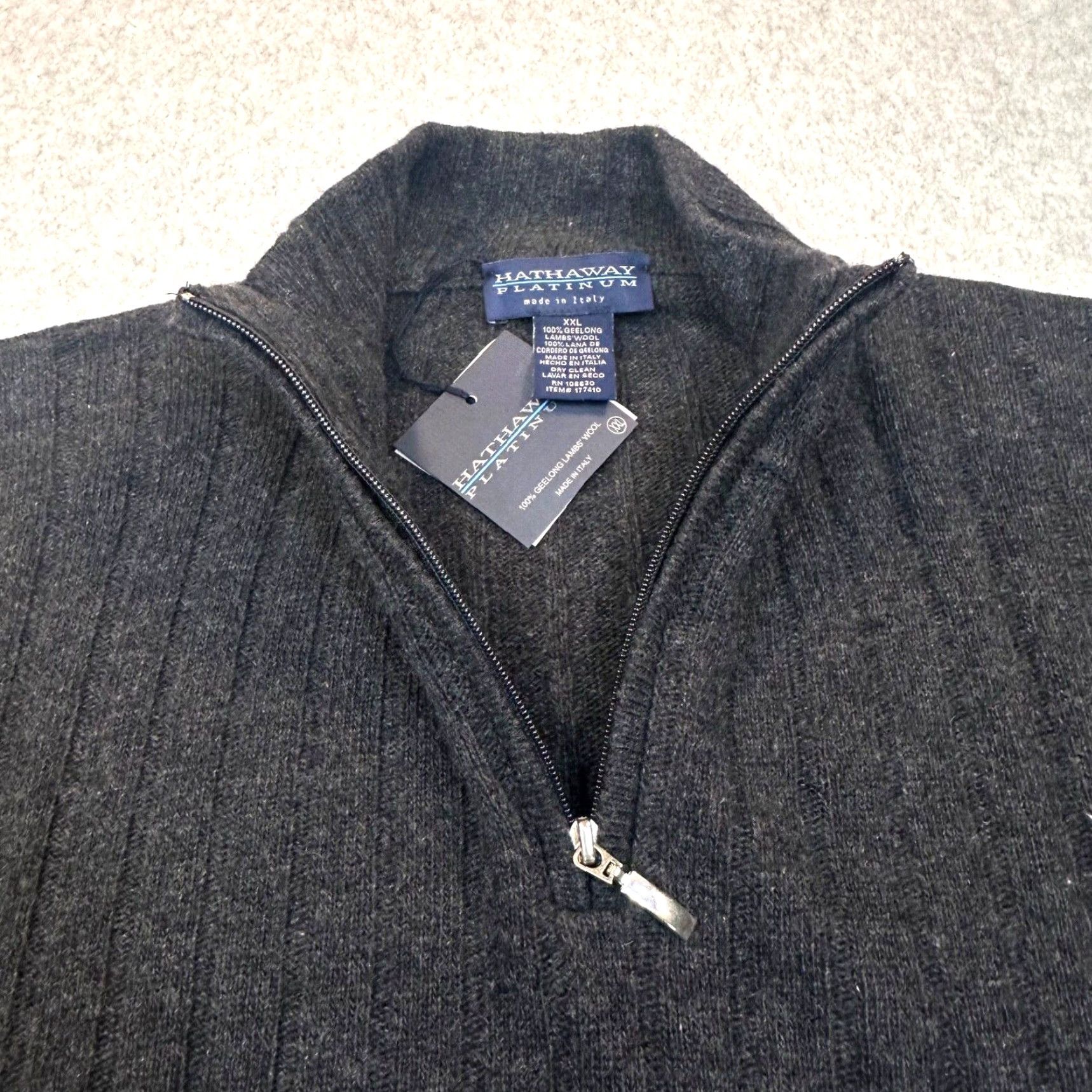 Vintage Hathaway Platinum 100% Geelong Lambs Wool Mens 2XL Pullover Sweater Mock 1/4 Zip Charcoal Gray NWT Made in Italy (Fall/Winter) Mens Size US XXL / EU 58 / 5 - 4 Thumbnail