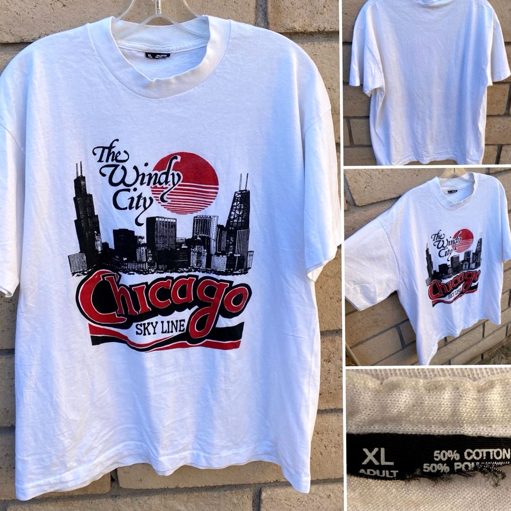 Vintage VINTAGE Chicago Windy City Skyline T-Shirt Made In USA 90s XL White Cotton Blend 50/50 Short Sleeve Crew Neck Men Mens 90s City Graphic Print Shirt Size US XL / EU 56 / 4 - 2 Thumbnail