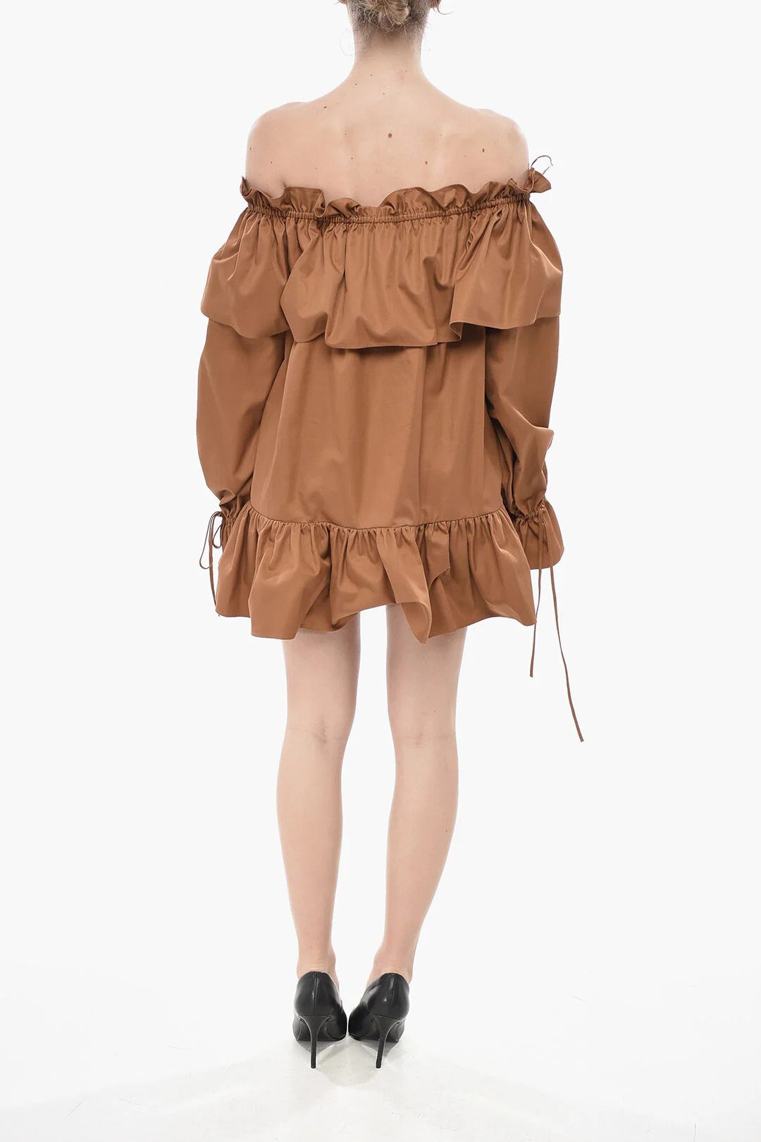 Saint Laurent Paris og1mm0326 Cotton Off-Shoulder Mini Dress in Brown Size S / US 4 / IT 40 - 2 Thumbnail