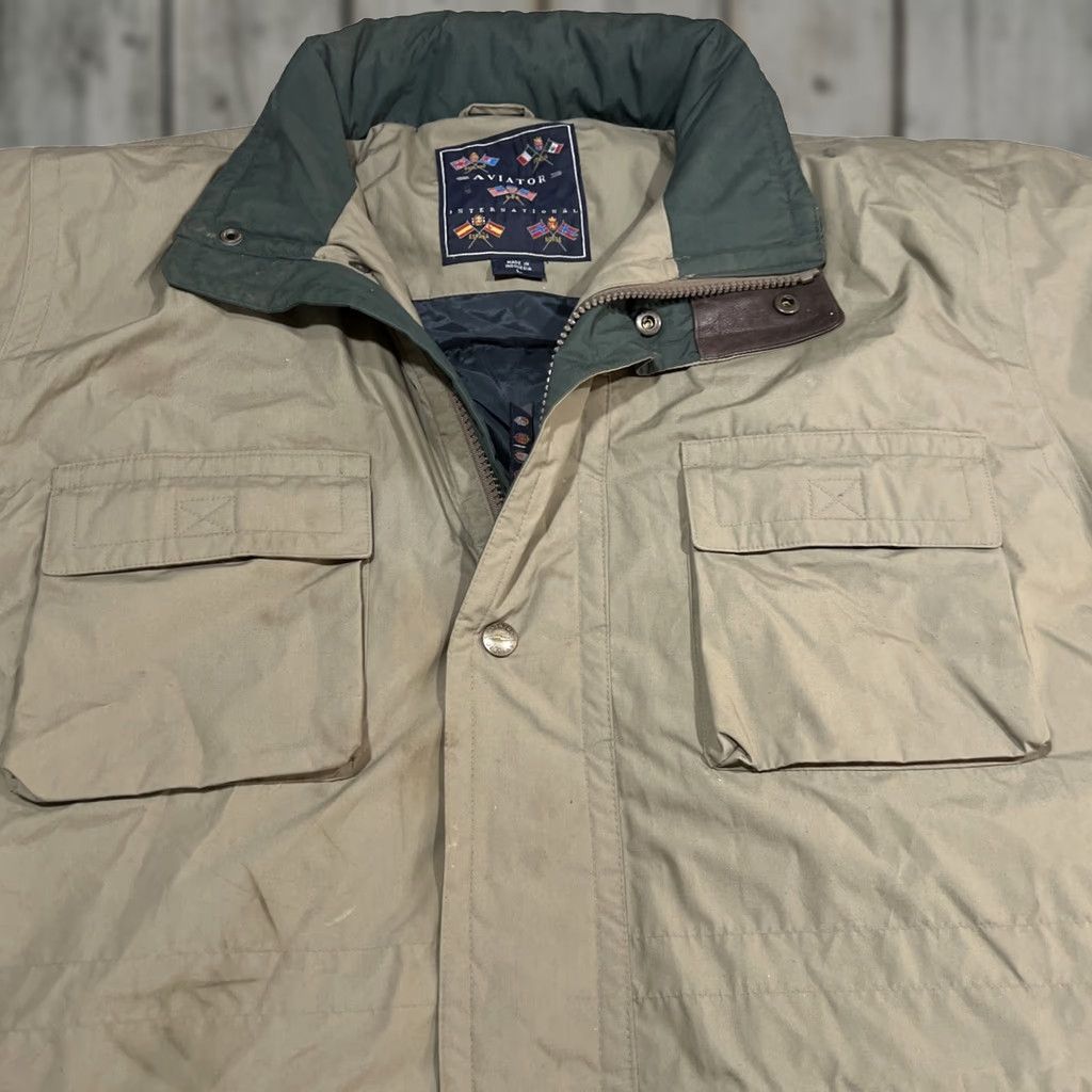Vintage Aviator International Jacket Mens XL Winter Down Filled Hood Shell Cotton Polyester Khaki Bomber Jacket Regular Fit Mid-Length Zip Front Size US XL / EU 56 / 4 - 1 Thumbnail