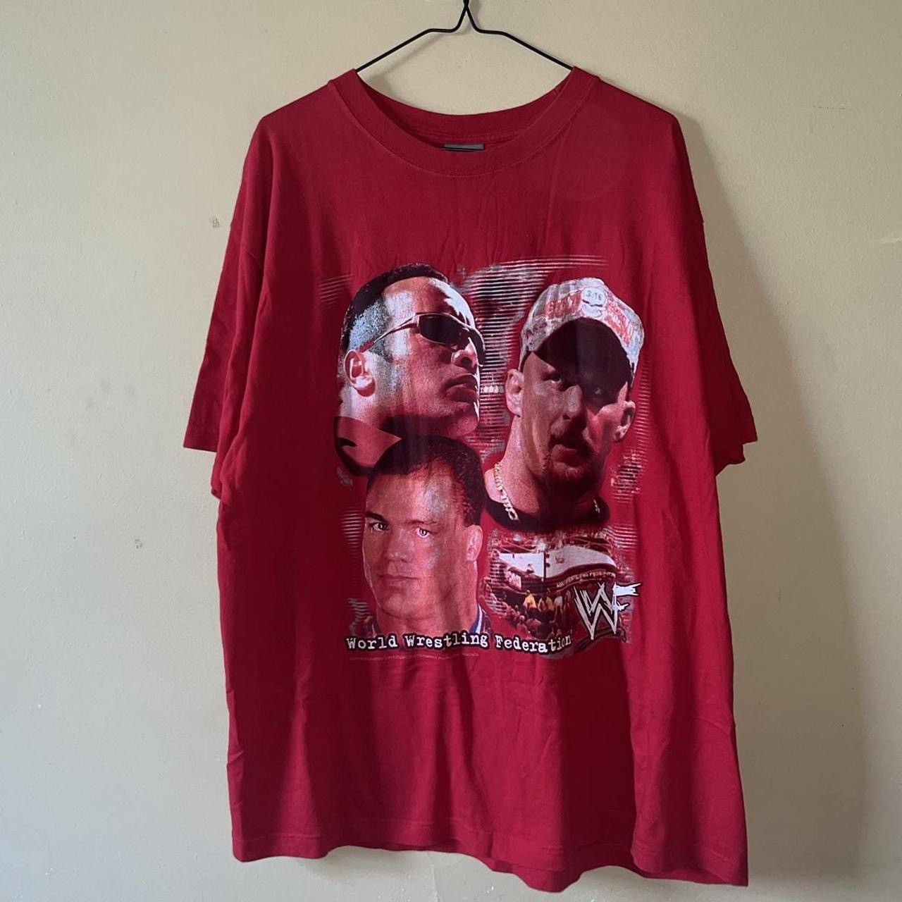 image of Vintage x Wwe 2002 Wwf Stone Cold The Rock Kurt Angle Wrestling Tee in Red, Men's (Size XL)