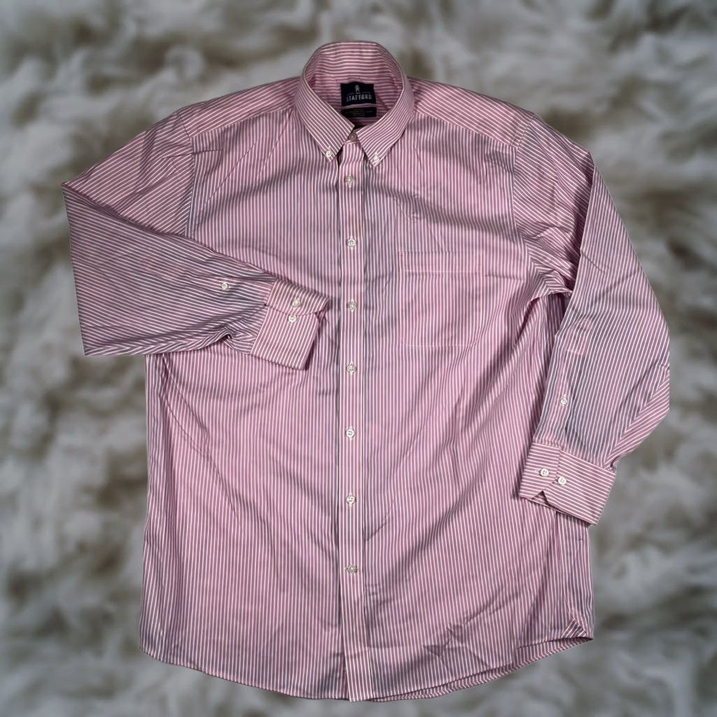 Stafford Stanford NonIron Button Up Long Sleeve Dress Shirt Mens 16 1/2 32/33 Pink Striped Size 46R - 1 Thumbnail