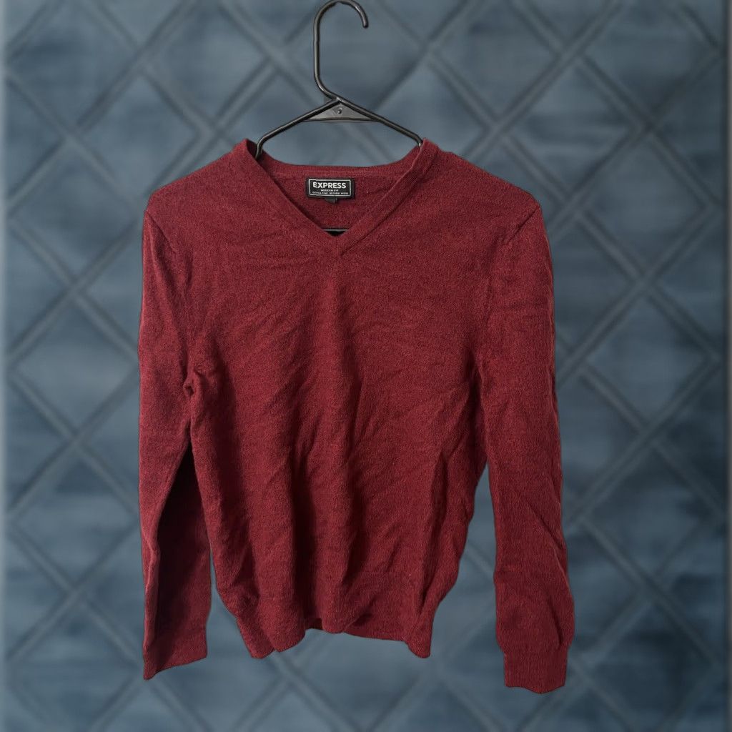 Express Express Sweater Men's V-Neck Long Sleeve Red Merino Wool M Slim Classic Modern Pullover Knit Solid Size US M / EU 48-50 / 2 - 1 Thumbnail