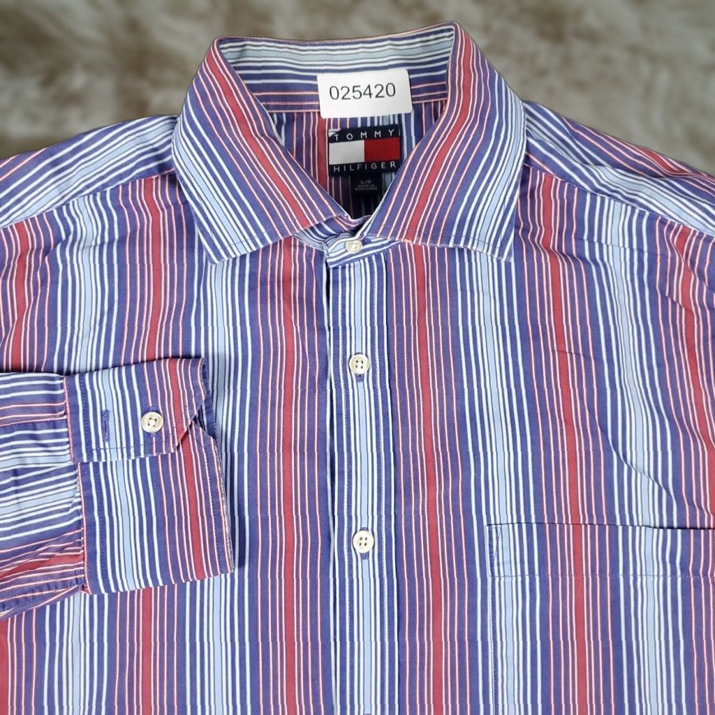Tommy Hilfiger VINTAGE Tommy Hilfiger Shirt Men L Blue Red Striped Button-Up Long Sleeve Business Casual Formal Workwear 90s Mens Size US L / EU 52-54 / 3 - 1 Thumbnail