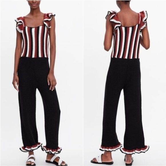 Zara Zara Striped Black Crochet Ruffle Sleeveless Jumpsuit - S Size 28" / US 6 / IT 42 - 1 Thumbnail