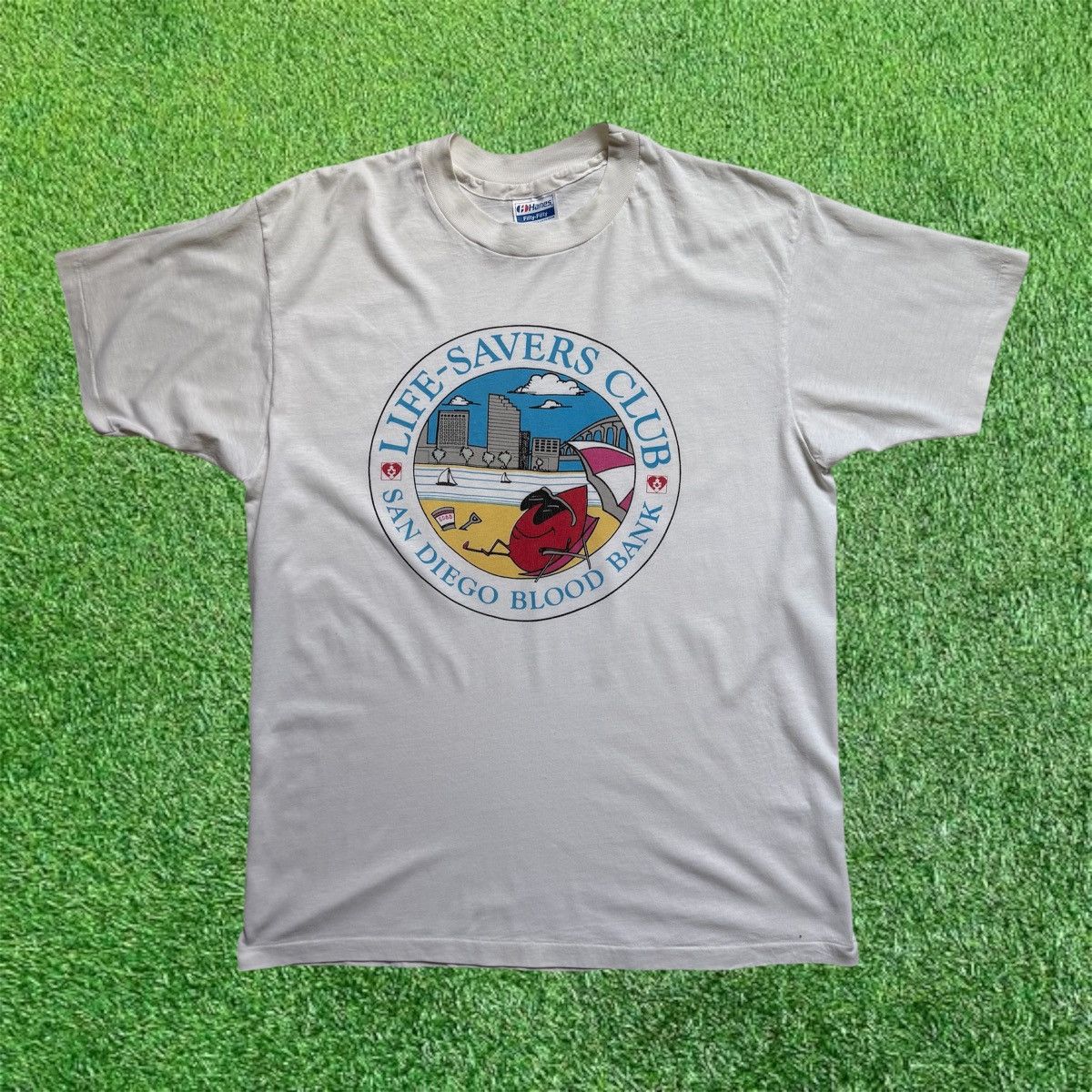 Hanes Vintage 90s Hanes Graphic Blood Bank T-Shirt Size US XL / EU 56 / 4 - 1 Thumbnail