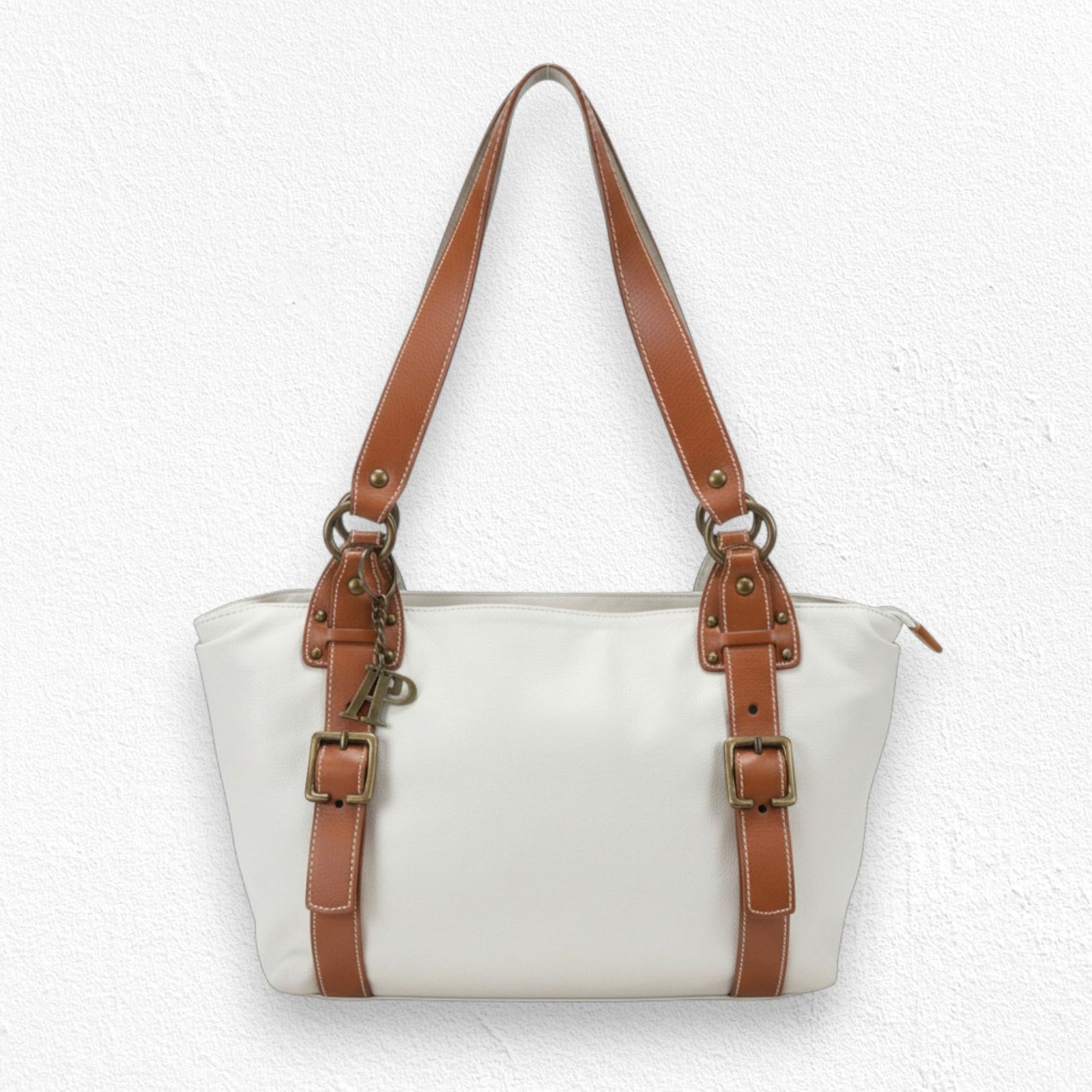 Vintage Y2K White Tan Pebbled Leather Tote Shoulder Bag Size ONE SIZE - 1 Thumbnail