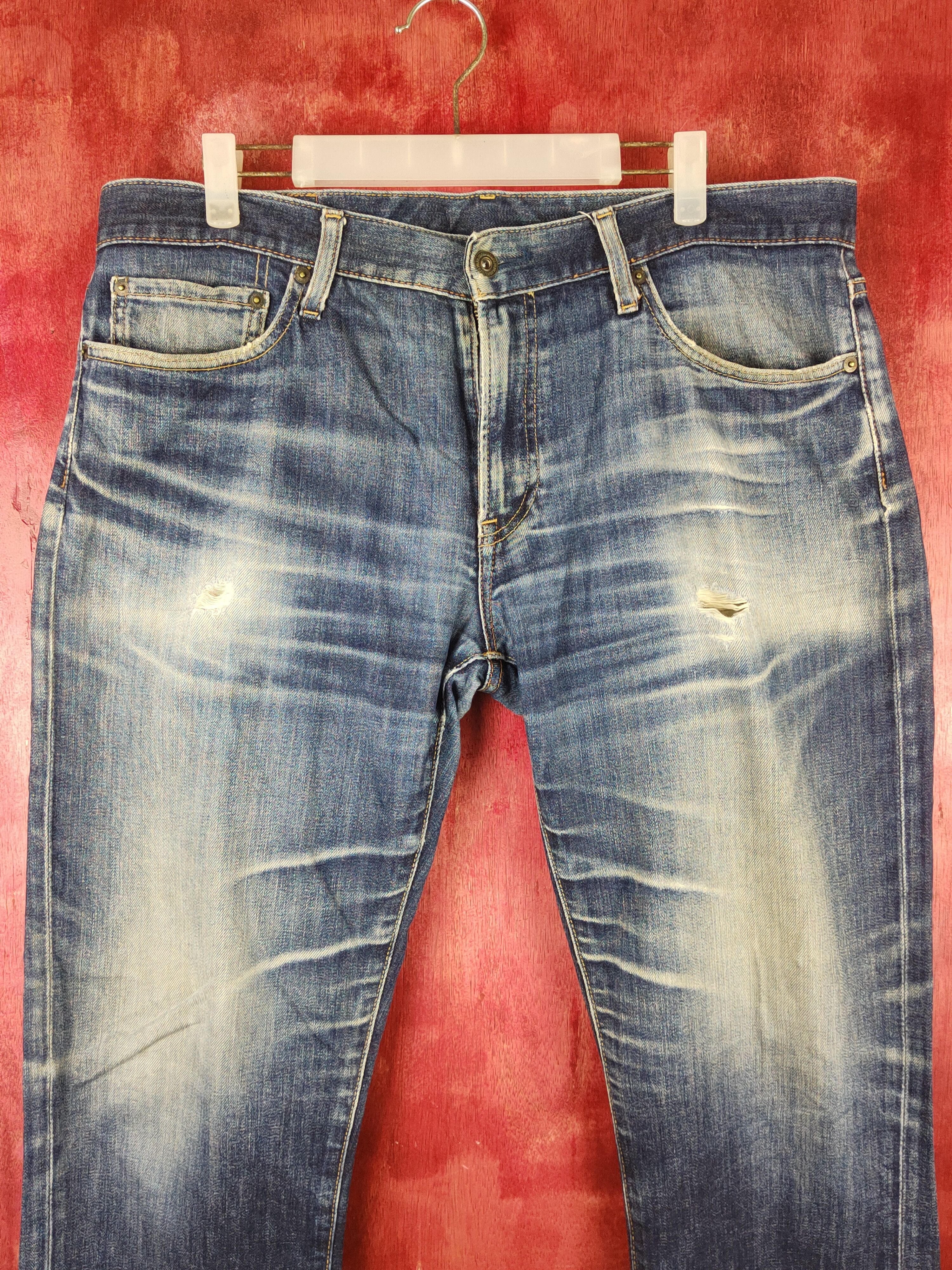Japanese Brand Uniqlo Dark Blue Distressed ripped faded Denim #S1546 Size US 35 - 2 Thumbnail