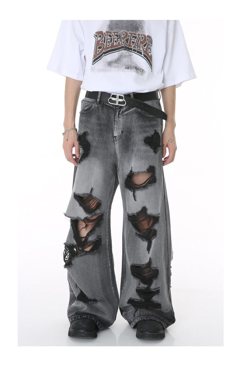 Japanese Brand Washed high street hip hop wide ripped loose hole jeans Size US 34 / EU 50 - 1 Thumbnail