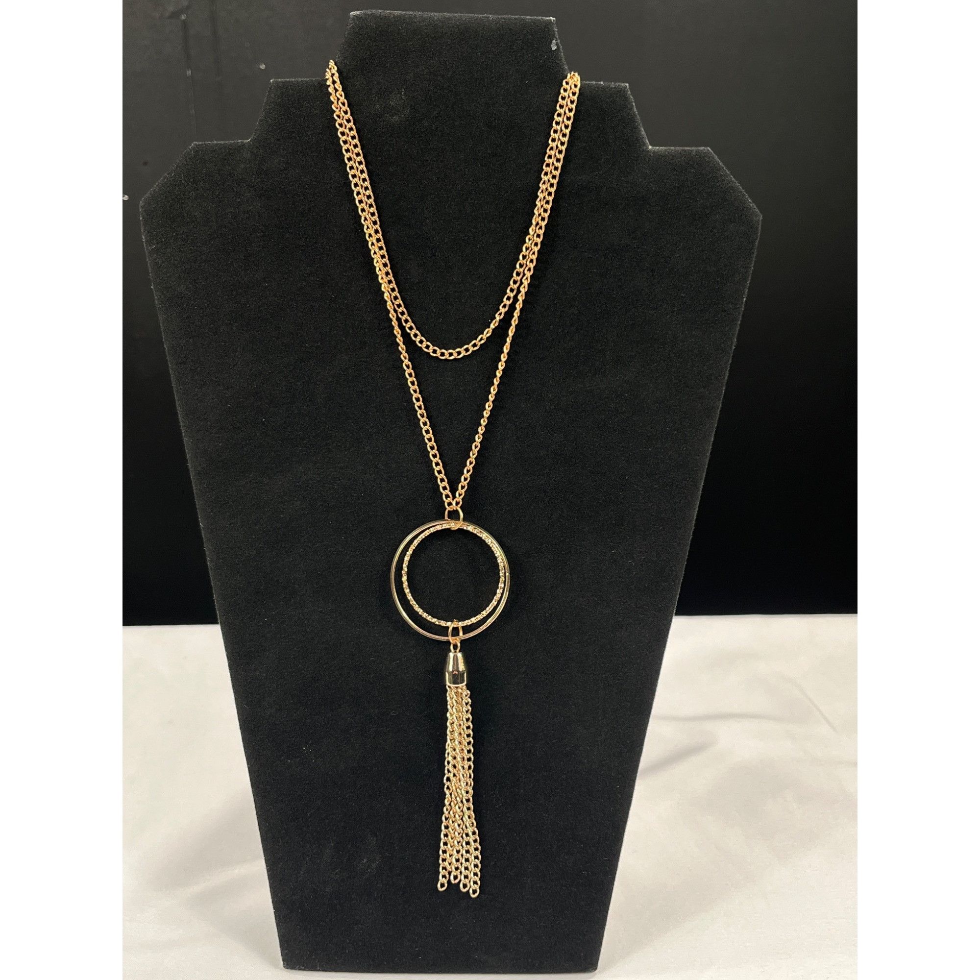 Designer Gold Tone Tassel Pendant Necklace SKU 7849 With Double Circl Size ONE SIZE - 1 Thumbnail