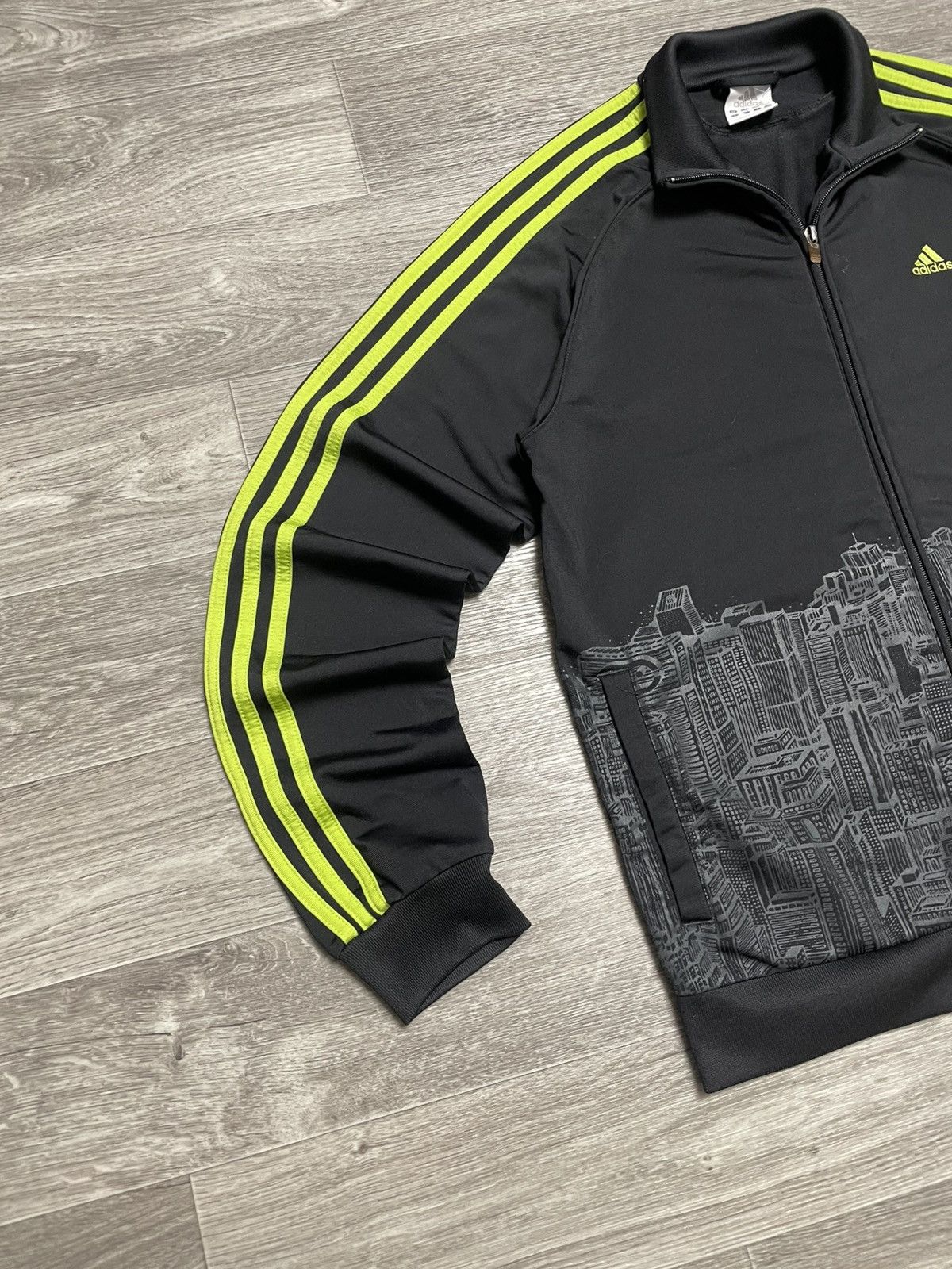 Adidas Track Jacket Black Neon 3-Stripes City Skyline Print