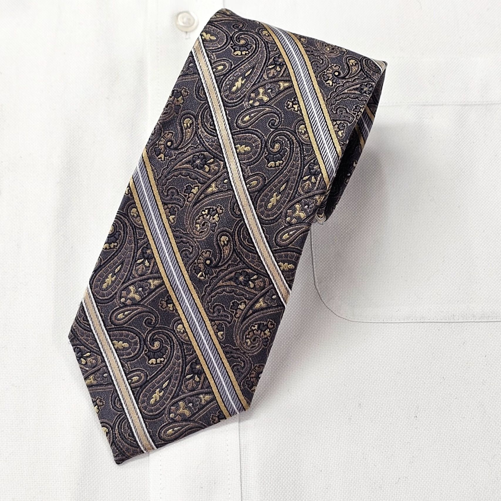 Pronto Uomo VTG Pronto Uomo Necktie Mens Gray Silver Paisley 100% Silk Tie 58 1/4 X 3 1/4" Classic Wedding Preppy Retro 60s 70s Mens Size ONE SIZE - 2 Thumbnail