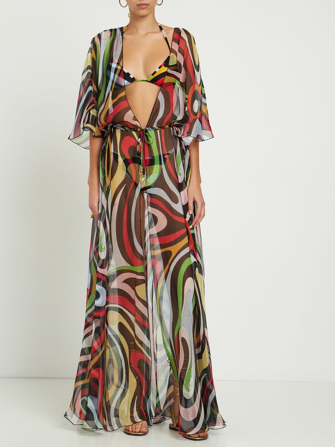 Emilio Pucci o1mle0325 Marmo Print Silk Robe Maxi Dress in Multicolor Size S / US 4 / IT 40 - 2 Thumbnail
