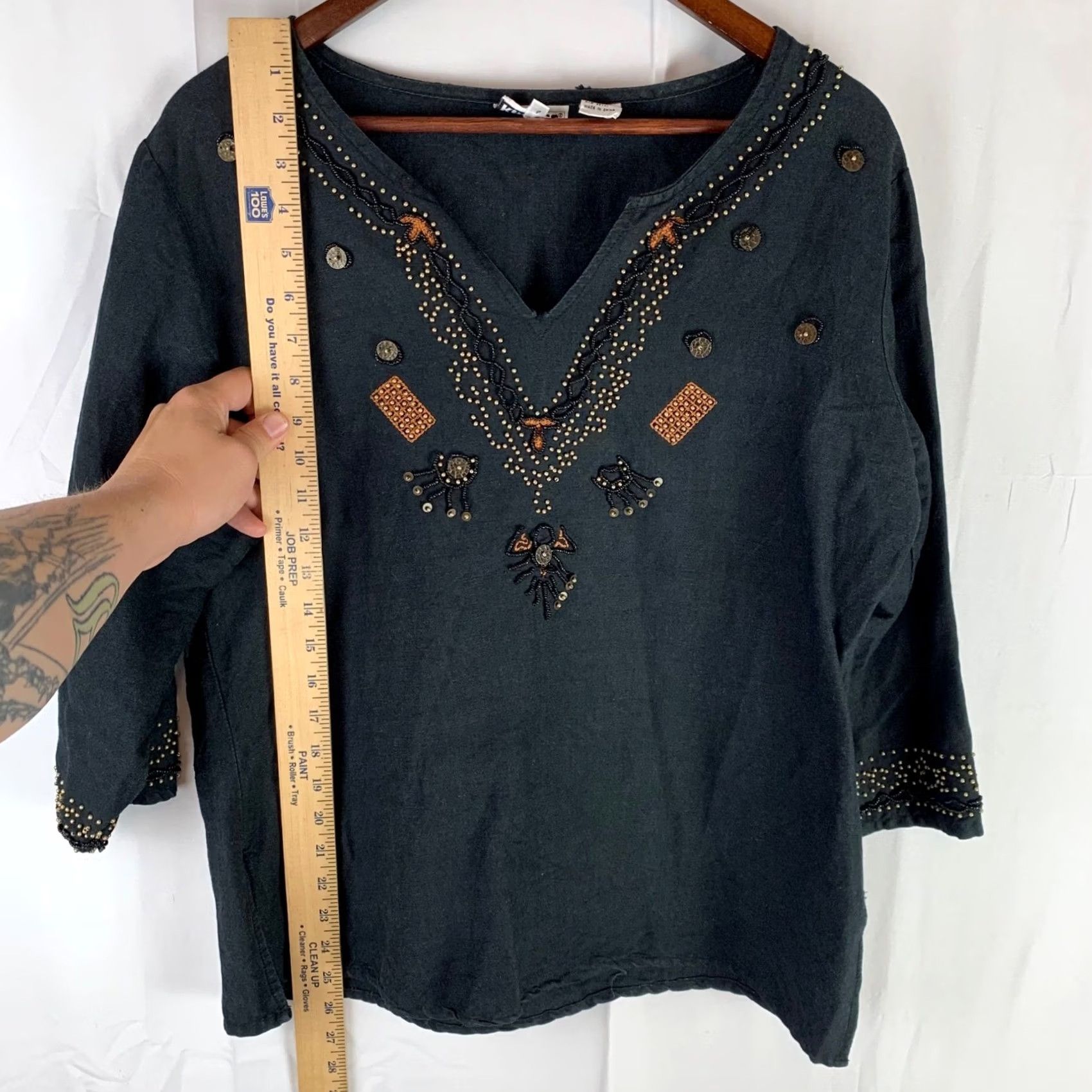 Vintage Kaktus Blouse Women's XL Black Beaded Linen Blend 3/4 Sleeve V-Neck Boho Top Size XL / US 12-14 / IT 48-50 - 5 Thumbnail
