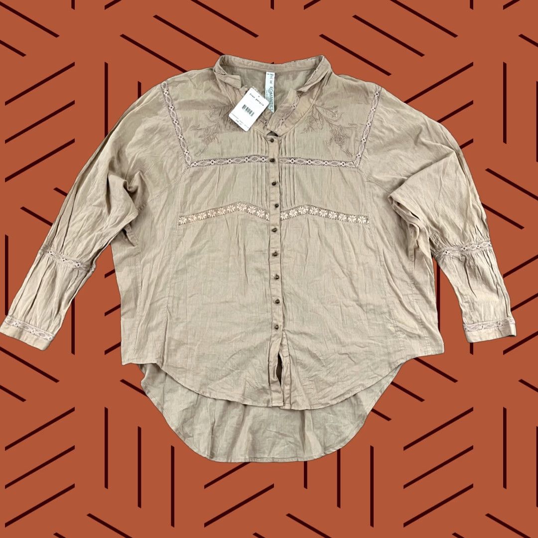 Free People Shirt Women Medium Button-Up Blouse Floral Embroidered 100% Cotton Brown New Romantics Women