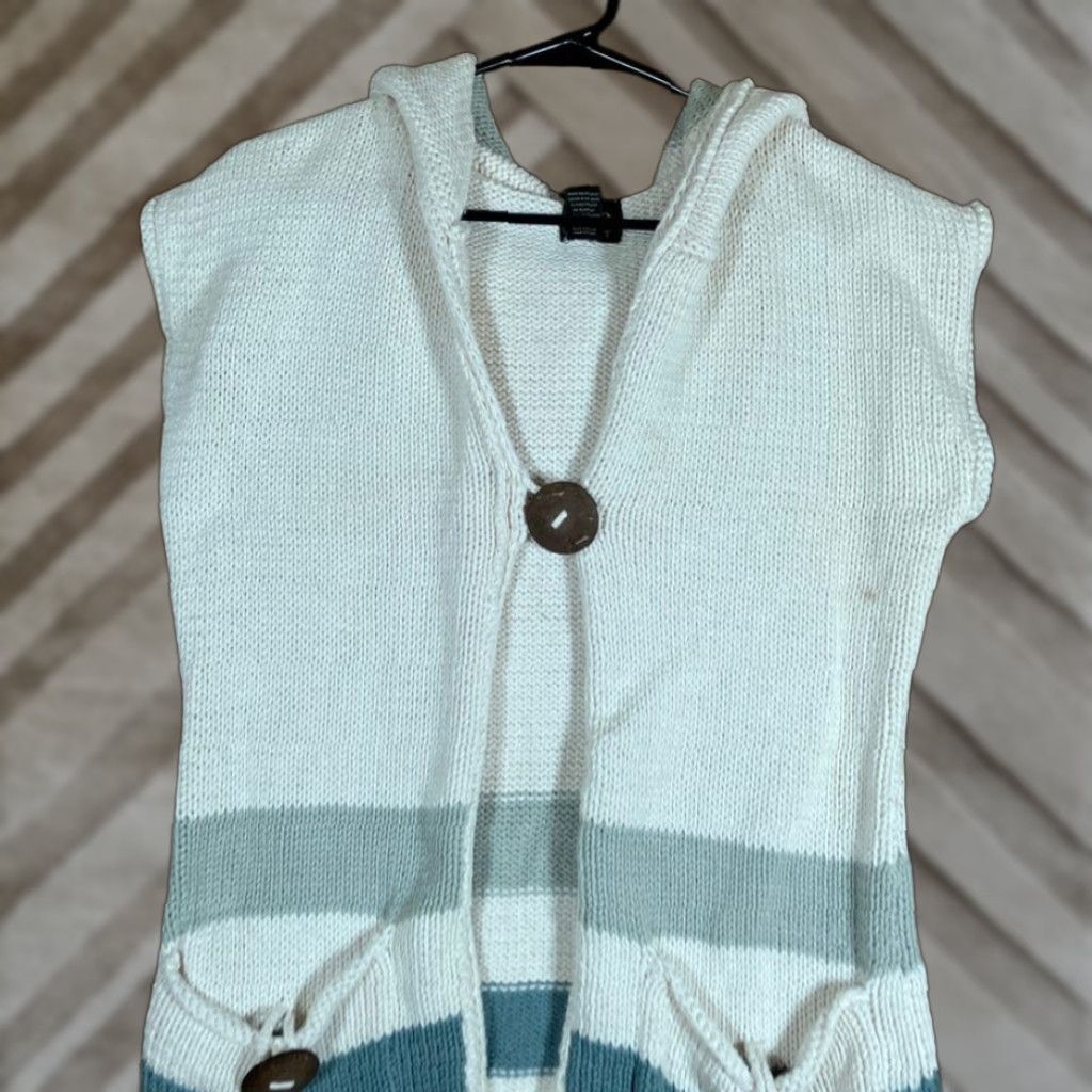 Vintage PURE HANDKNIT Womens White Hooded Sleeveless Vest Chunky Knit 100% Cotton XS/S Vest Women Winter Fall Spring Casual Knits with Pockets Womens Size XS / US 0-2 / IT 36-38 - 1 Thumbnail