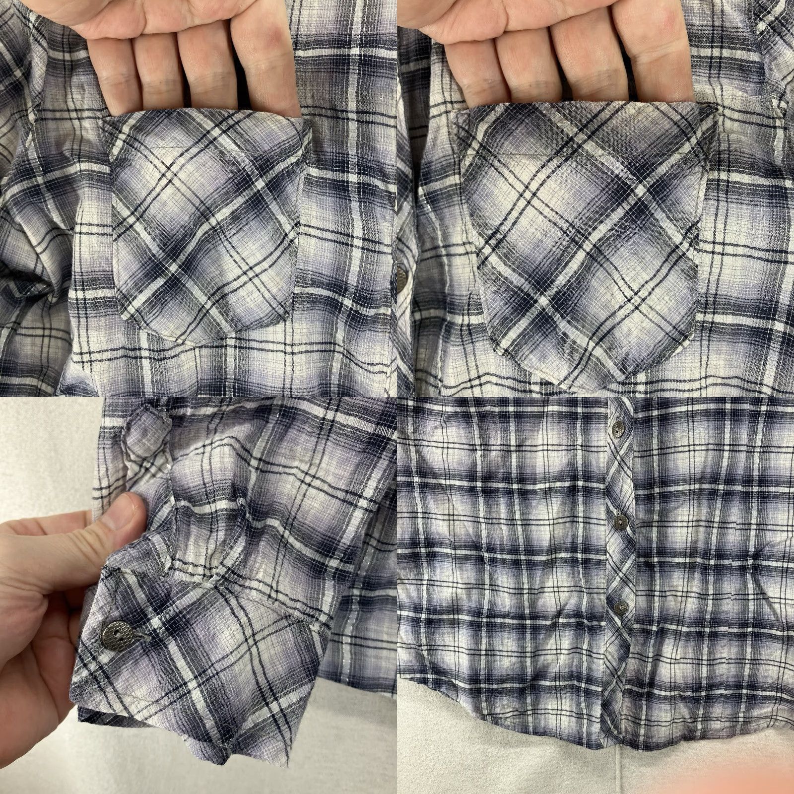 Vintage Dressbarn Women's Western Shirt Plaid Button-Up 90s Purple M Long Sleeve Roll Tab Collar Lightweight Metallic Accents Bling Shoulders Cowgirl Casual Size M / US 6-8 / IT 42-44 - 8 Thumbnail