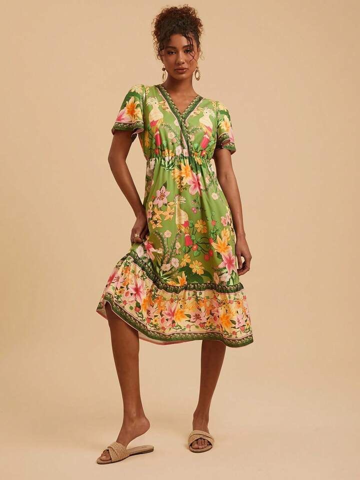 Shein Shein Travachic Floral Print V-Neck Short Sleeve Midi Dress Size M / US 6-8 / IT 42-44 - 2 Thumbnail