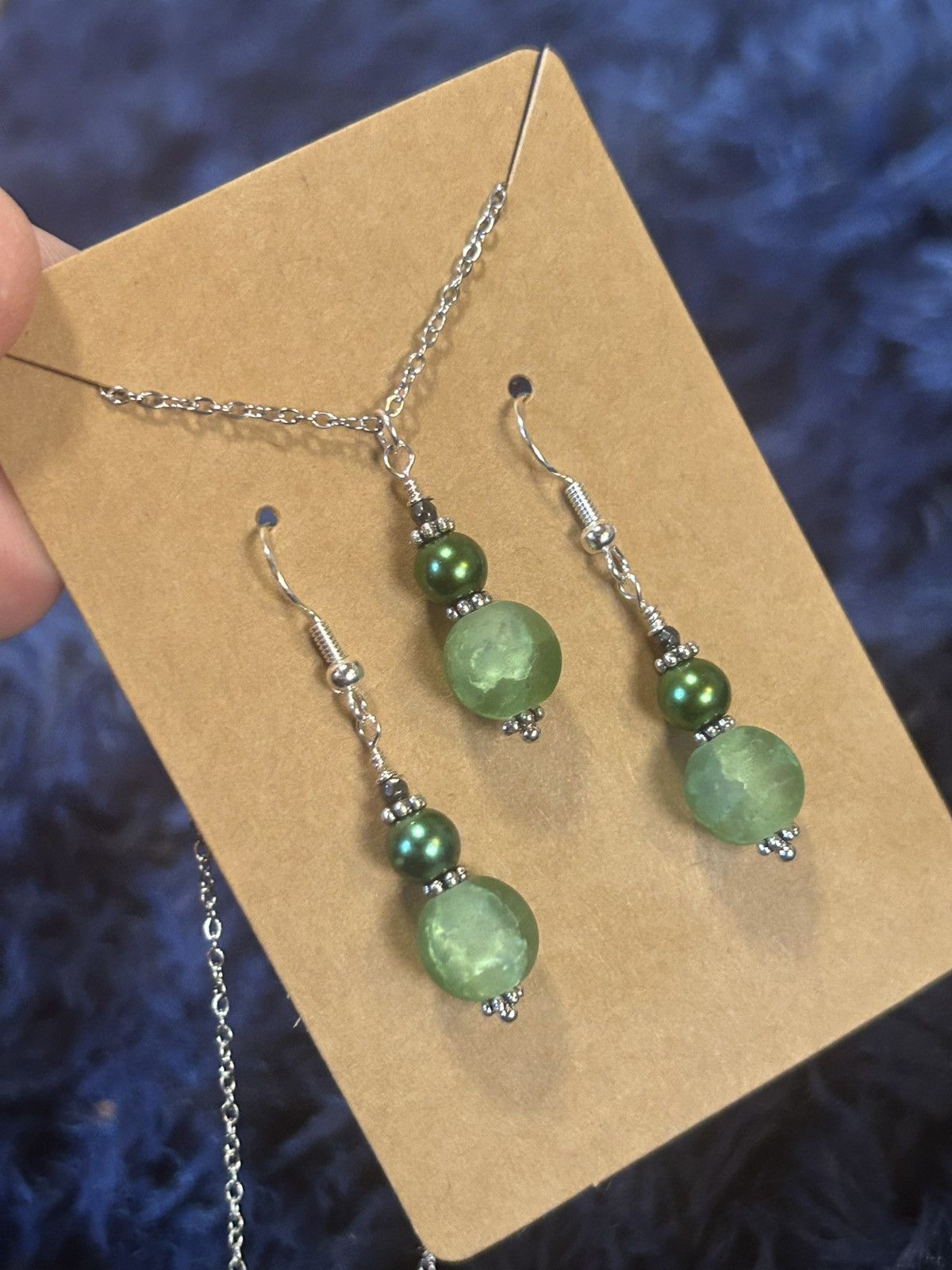 Handmade Handcrafted green crackle glass pearl necklace set Size ONE SIZE - 1 Thumbnail