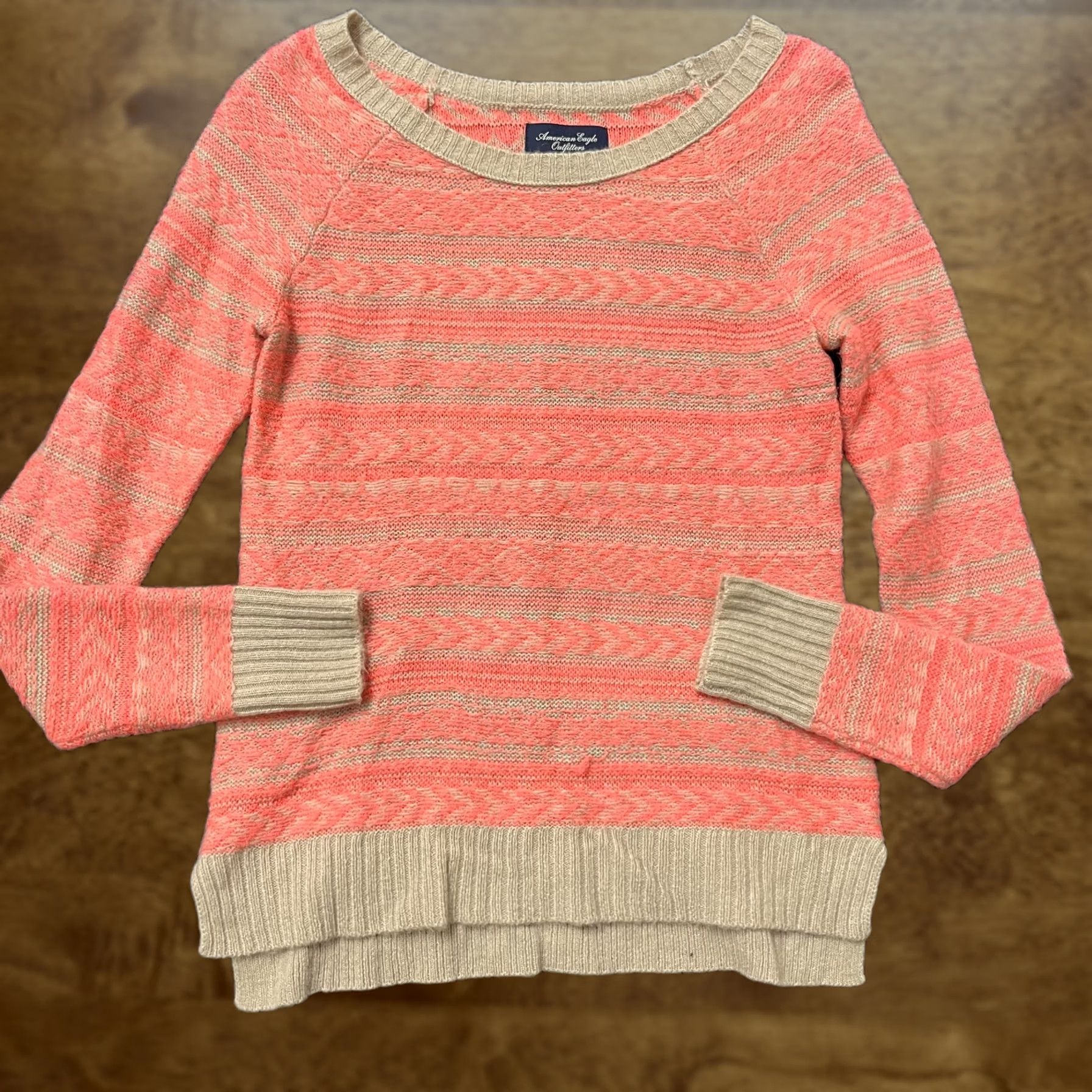 American Eagle Outfitters Y2K American Eagle Outfitters Sweater Women Small Pink Tan Striped Knit Pullover Size S / US 4 / IT 40 - 1 Thumbnail
