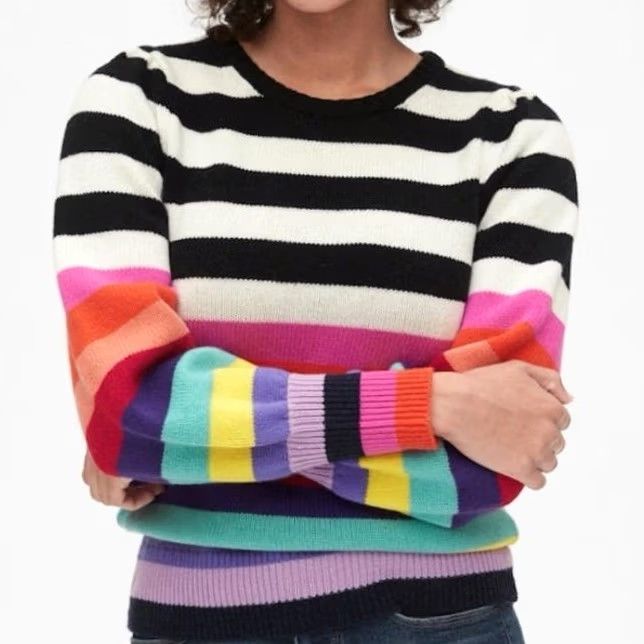 Gap Gap Puff Sleeve Rainbow Stripe Merino Wool Womens Large Sweater Size L / US 10 / IT 46 - 2 Thumbnail