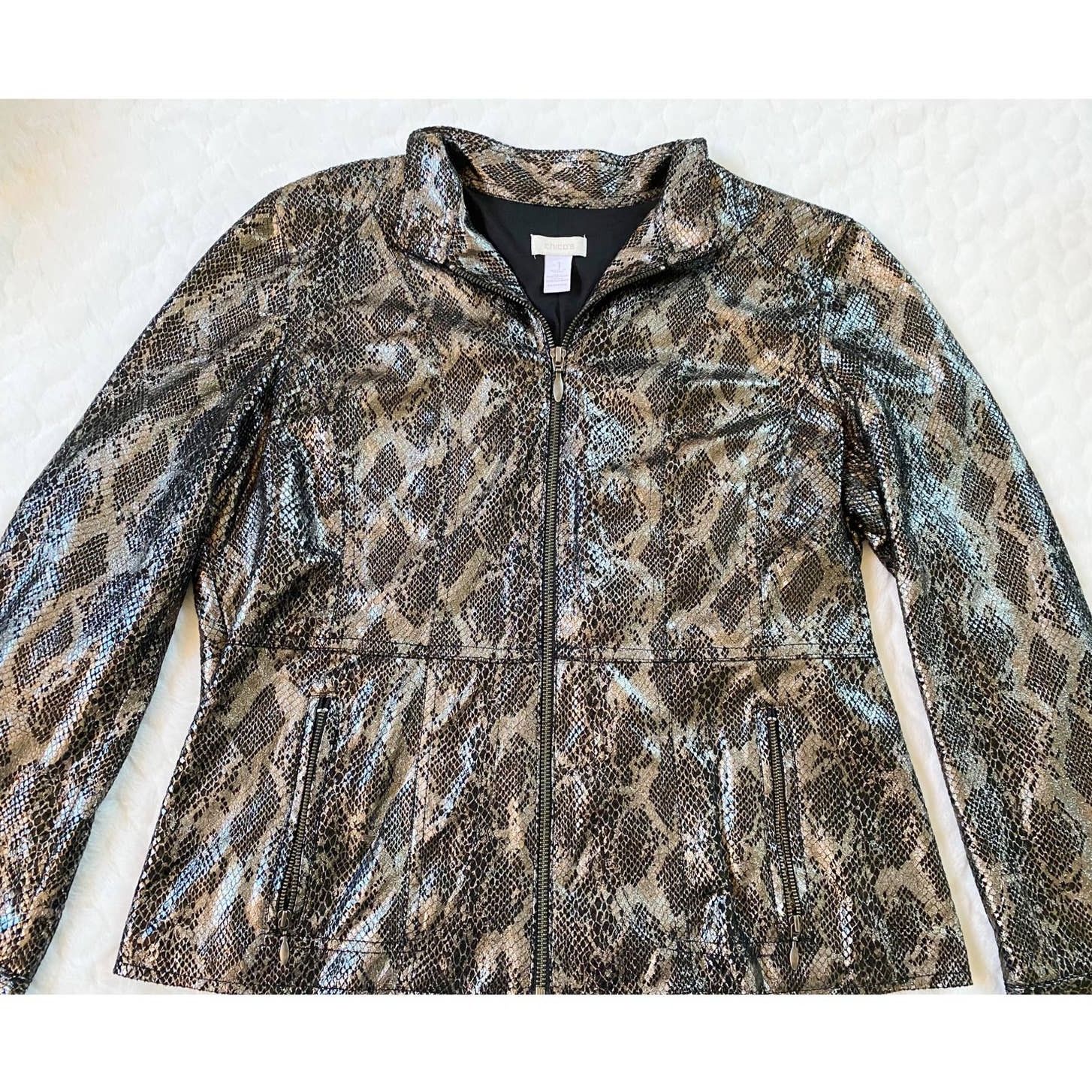 Chicos Chico’s Black Bronze Metallic Zip Jacket Snake Python Print Size M / US 6-8 / IT 42-44 - 8 Thumbnail