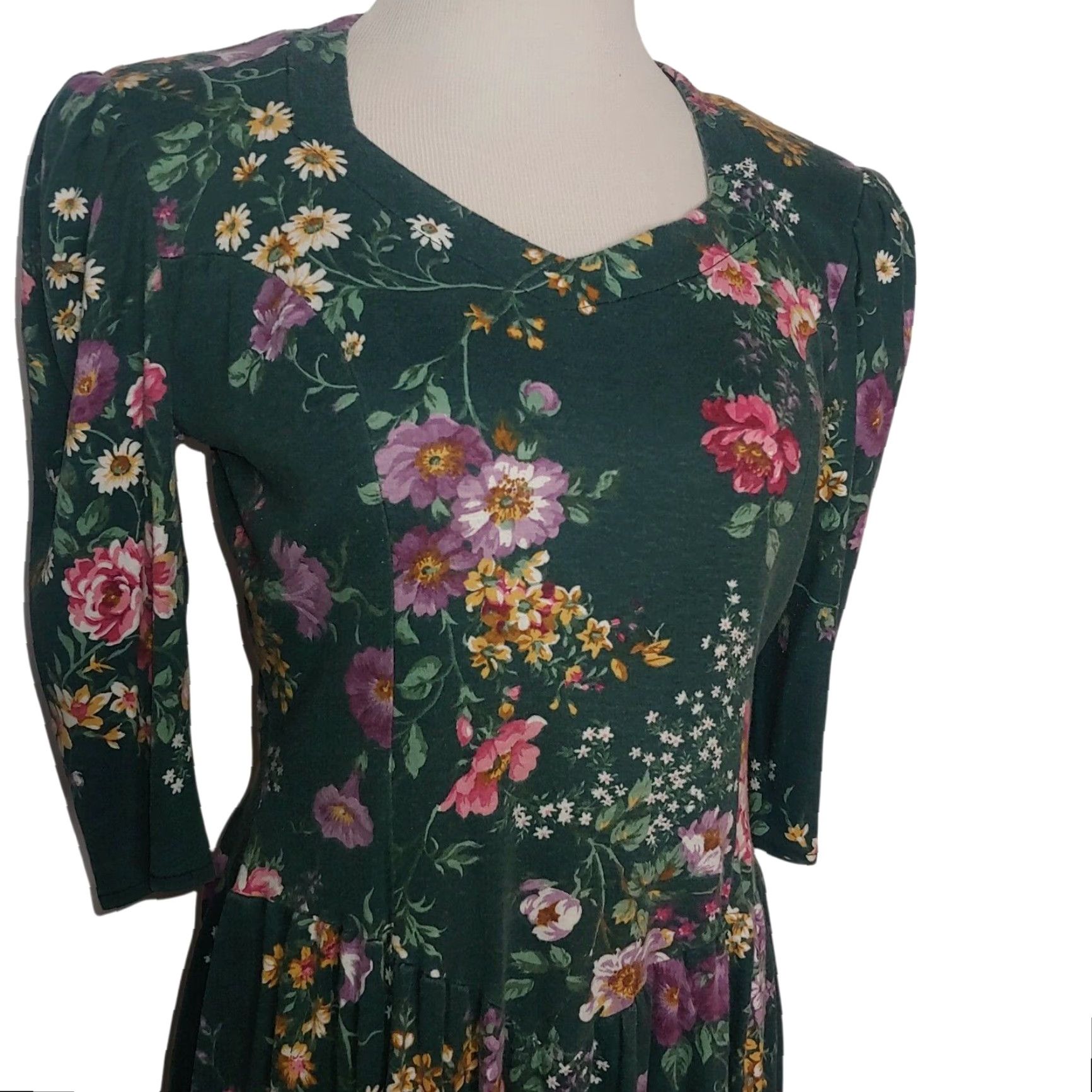 Vintage VINTAGE Scandels Dress Medium Green Floral Knit Drop Waist Casual/Party/Wedding 1980s 1990s Womens Size M / US 6-8 / IT 42-44 - 2 Thumbnail