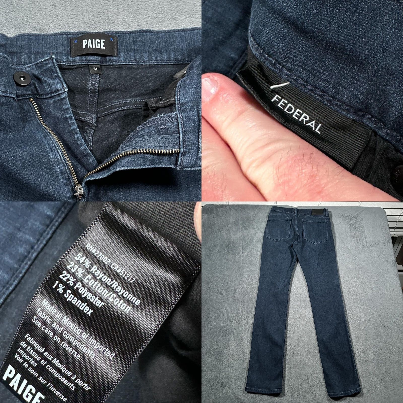 Paige Paige Federal Jeans Mens 31 Blue Slim Straight Leg Stretch Denim Dark Wash Pants Size US 31 - 8 Thumbnail