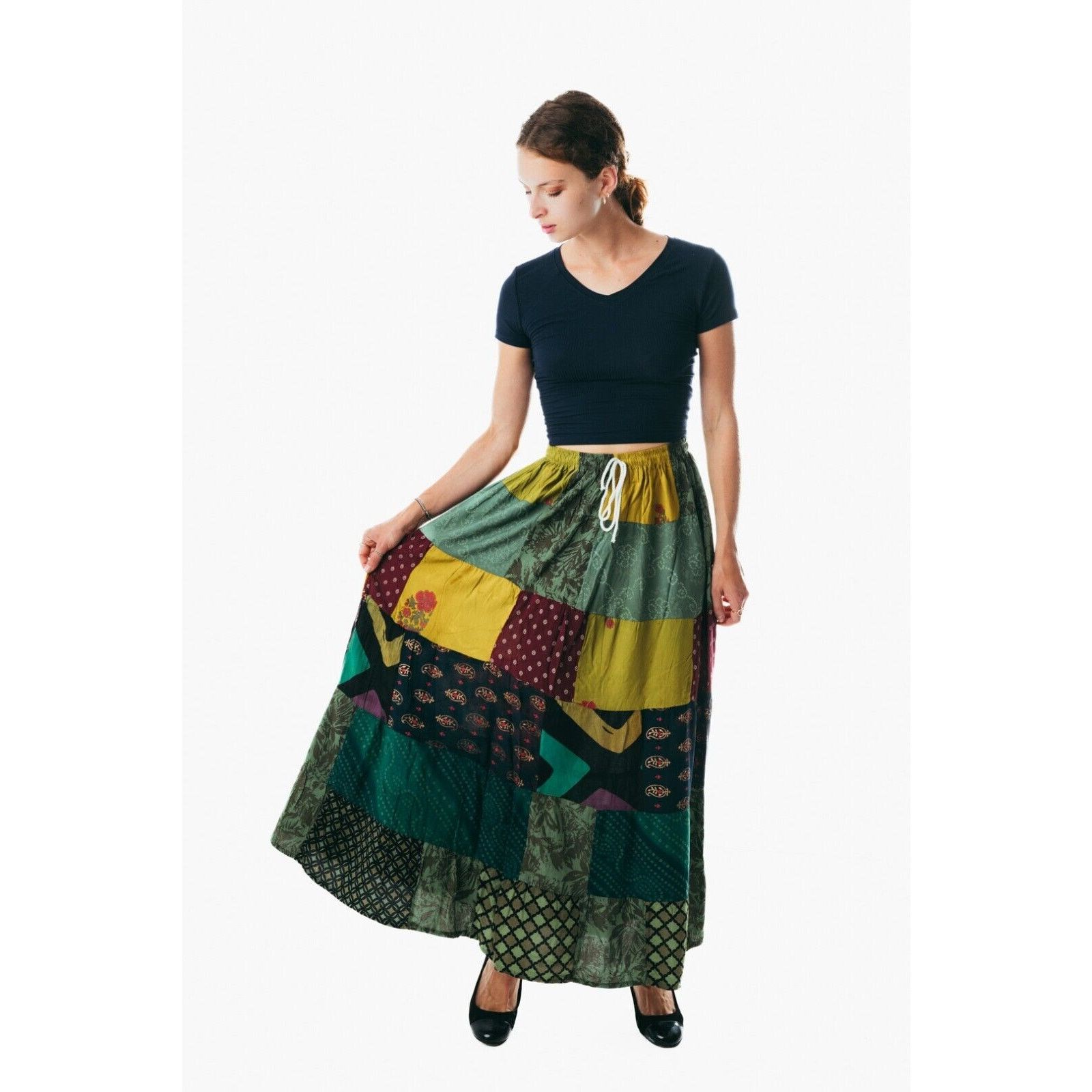 Other Boho Patchwork green maxi long cotton Skirt Gypsy Hippie Size 35" - 1 Thumbnail