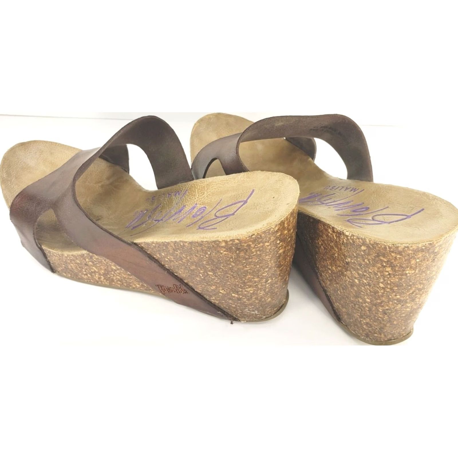 Vintage Blowfish Heels Womens 7.5 Cork Wedge Platform Slide Sandals Brown Faux Leather Size US 8 / IT 38 - 5 Thumbnail