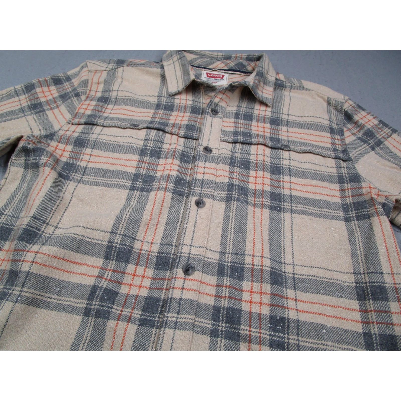Levis Shirt Mens Large Beige Gray Orange Plaid Wool Blend Button Front Flannel