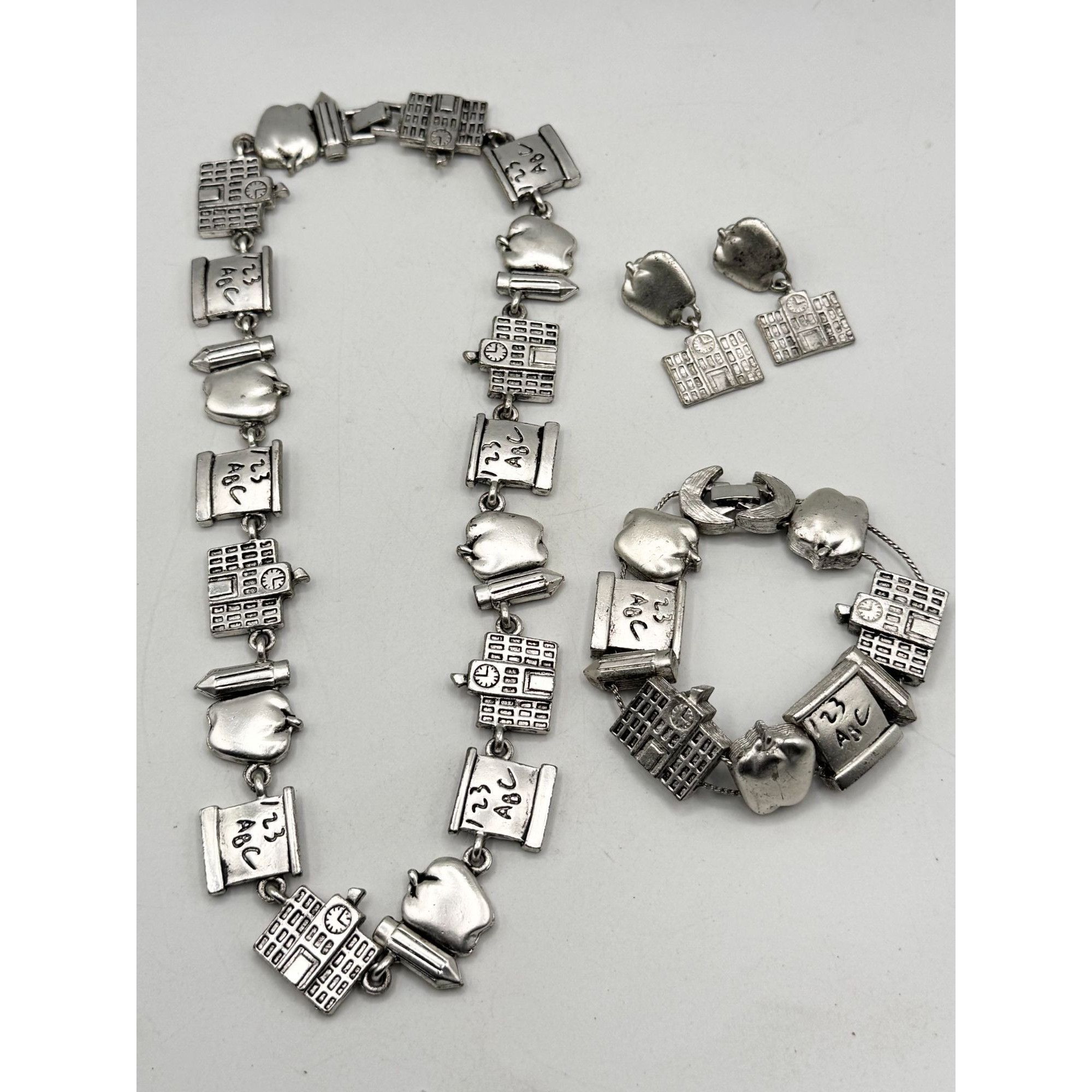 Vintage School teacher Apple Pencil silver charm necklace bracelet & Size ONE SIZE - 5 Thumbnail