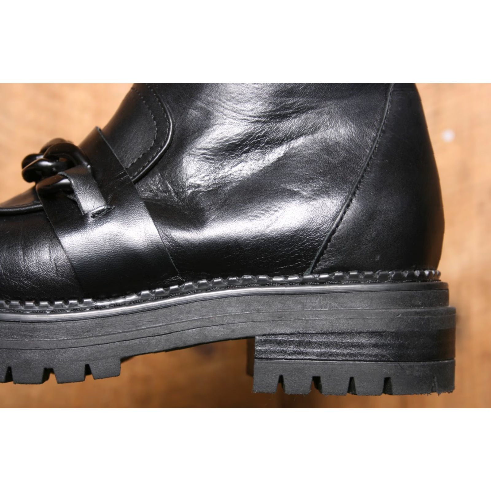 Vintage NAPOLEONI Black Leather Chain Strap Lug Sole High Ankle Boots EUR 37 US 6.5-7 Women Combat Zip Clear Shelf Wear Italy Leather Boots Size US 6.5 / IT 36.5 - 6 Thumbnail